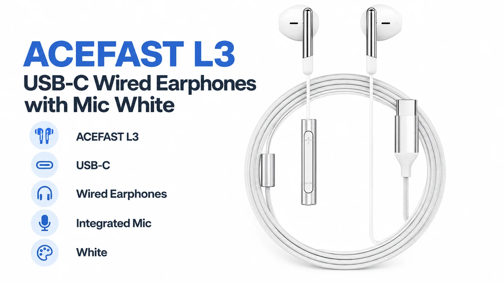 سماعات أذن ACEFAST L3 سلكية USB-C مع مايك - أبيض - Image 4