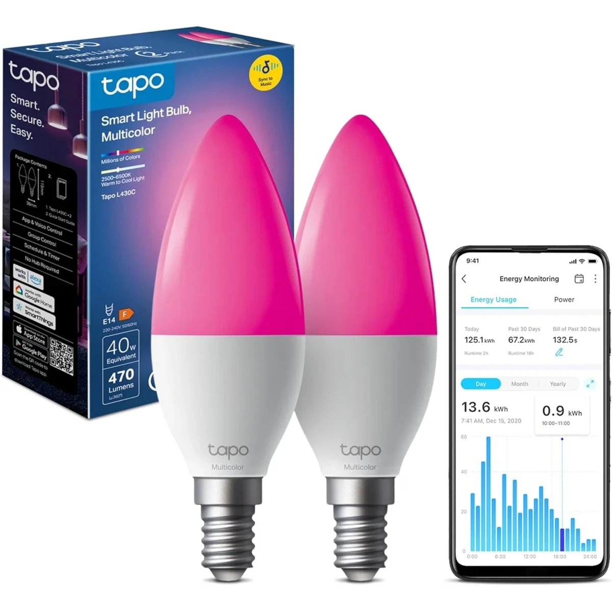 لمبه ذكيه Wi‑Fi TP-LINK Tapo L430C قاعده E14 سطوع 470 لومن عبوه 2