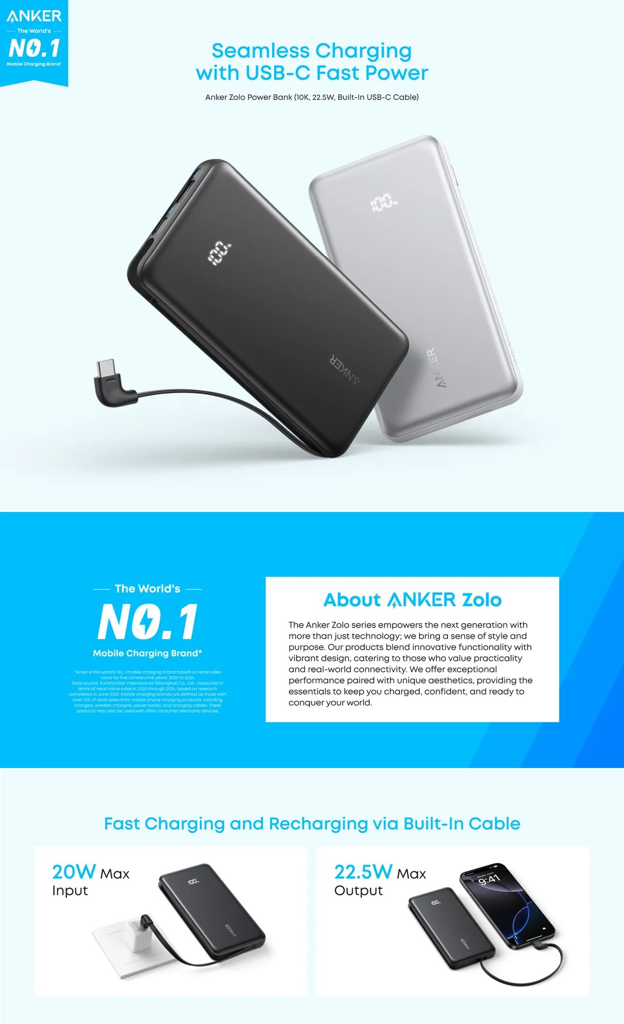 بطارية محمولة Anker Zolo بسعة 10000mAh وشحن سريع 22.5W مع كابل USB-C مدمج - أسود - Thumbnail 5