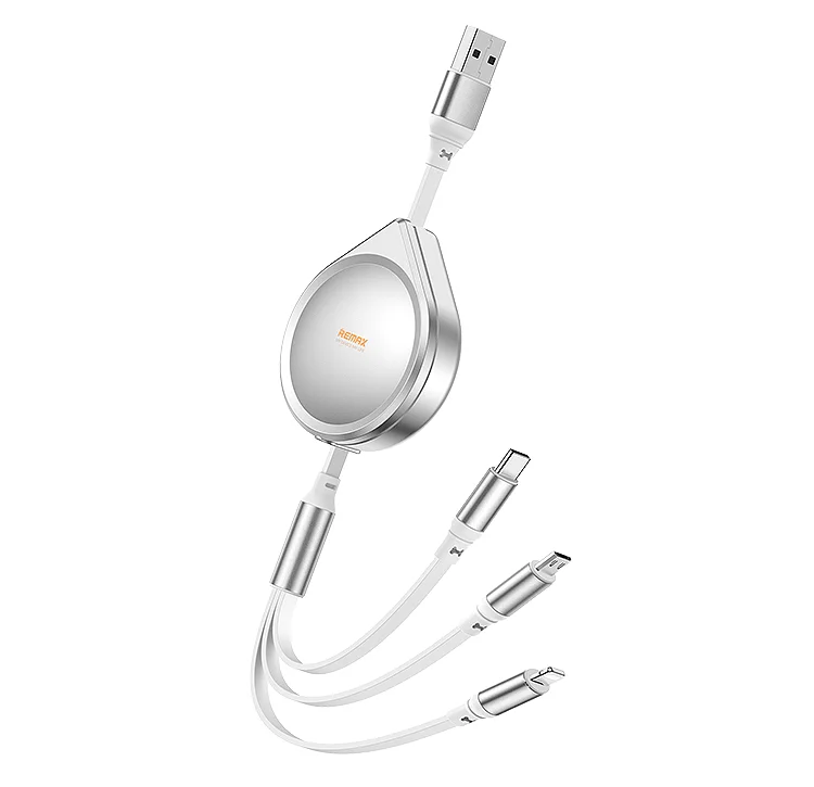 كيبل شحن سريع Remax Drip Series RC-C018 قابل للسحب 3 في 1 بقدرة 15 واط وطول 120 سم – USB إلى آيفون وType-C وMicro USB