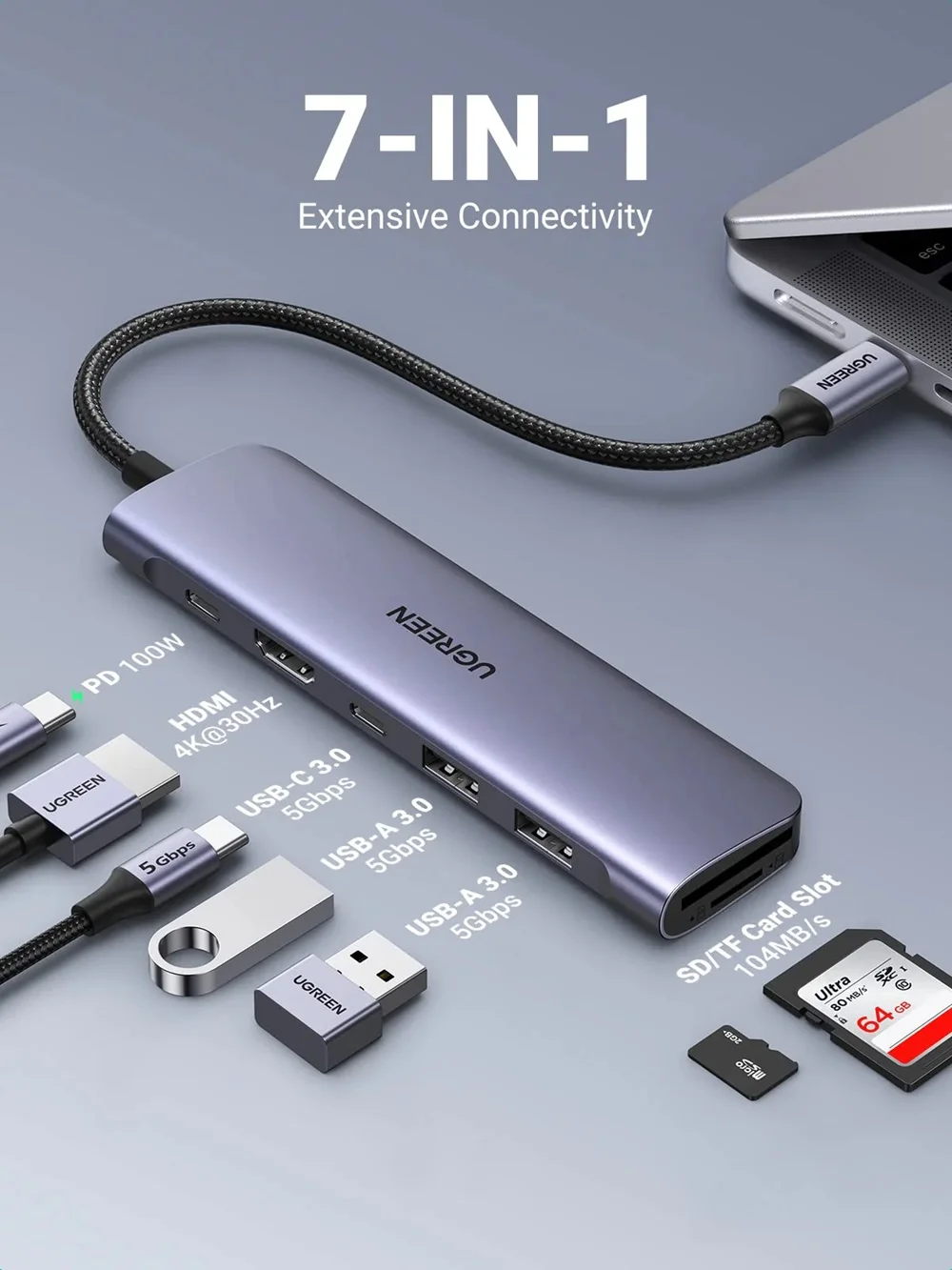 محطة توصيل Ugreen Revodok 1071 USB-C ‏7 في 1 مع شحن PD بقدرة 95W – 15214 - Thumbnail 2