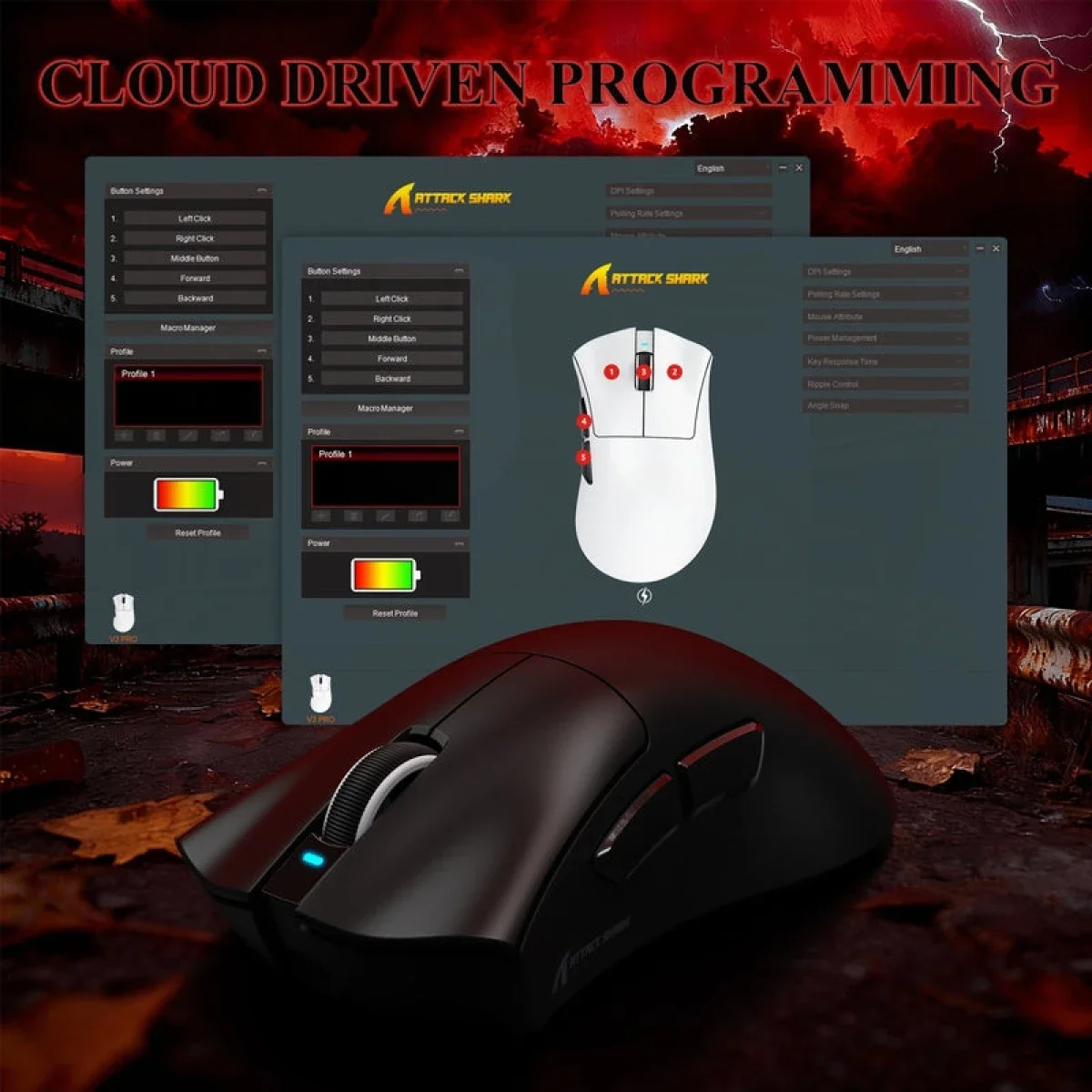 ماوس ألعاب ATTACK SHARK V3 PRO لاسلكي ثلاثي الوضع أسود مع قاعدة شحن RGB - Image 4
