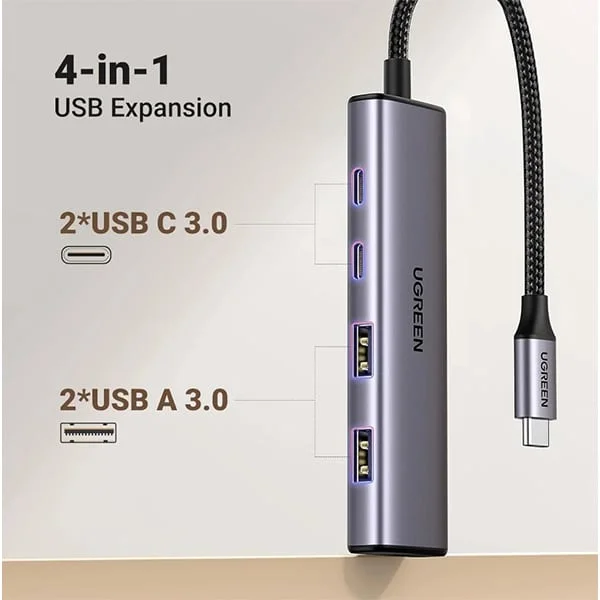 Ugreen 15395 USB-C Hub with 2 USB-C and 2 USB-A 5Gbps Data Ports Aluminum - Thumbnail 2