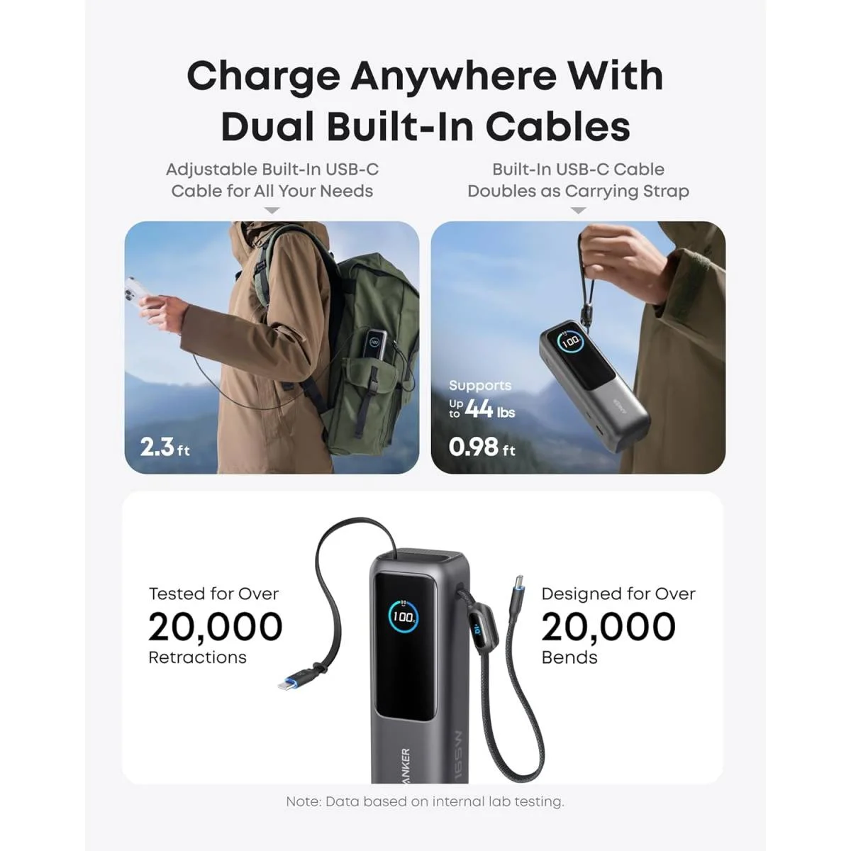 باور بانك لابتوب Anker 25000mAh 165W مع كيابل USB-C مدمجة قابلة للسحب - فضي - Image 6