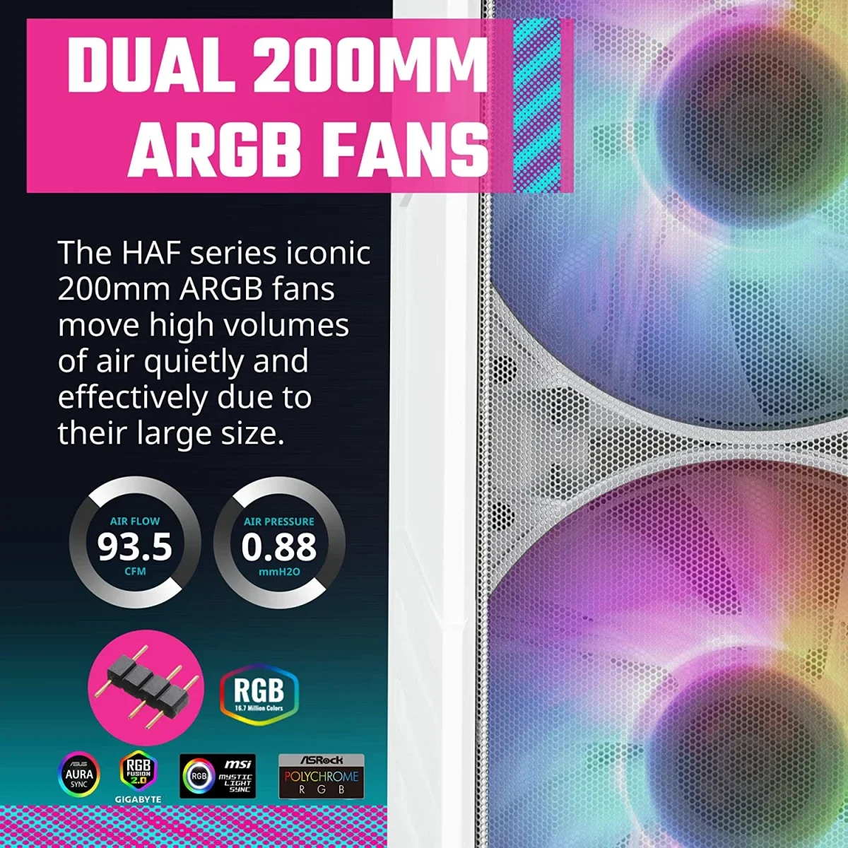 Cooler Master HAF 500 White Edition Mid-Tower PC Case with High Airflow Mesh, ARGB Fans, USB 3.2 Gen 2 Type-C - Thumbnail 3
