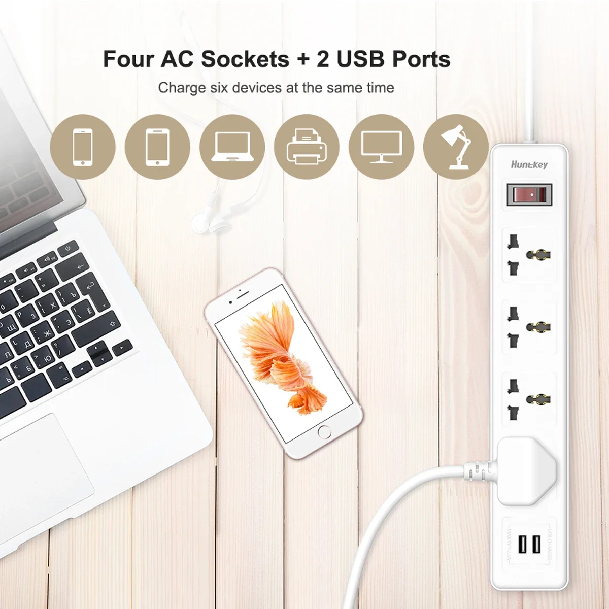 Huntkey SSZ507 Universal Power Strip with 4 Outlets, 2 USB Ports, 3m Cord - White - Thumbnail 2