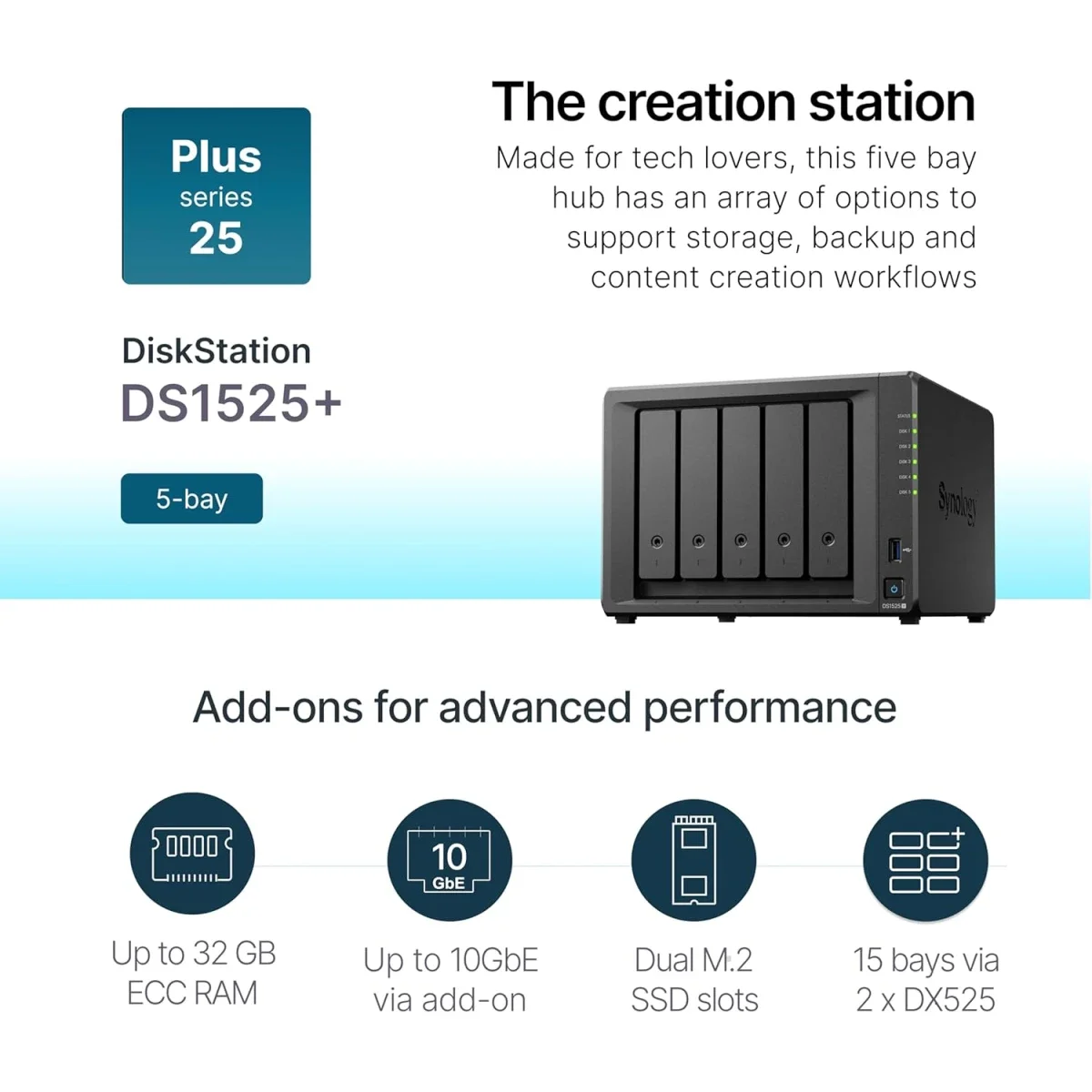 خادم NAS بدون أقراص Synology DiskStation DS1525neo+ بخمس فتحات، معالج AMD Ryzen V1500B ثماني النواة وذاكرة DDR4 بسعة 4GB - Image 4