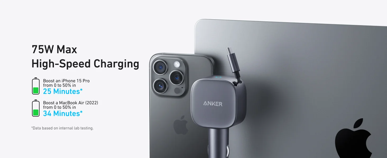 شاحن سيارة Anker USB-C بقدرة 75 واط مع كابل قابل للسحب - Thumbnail 9