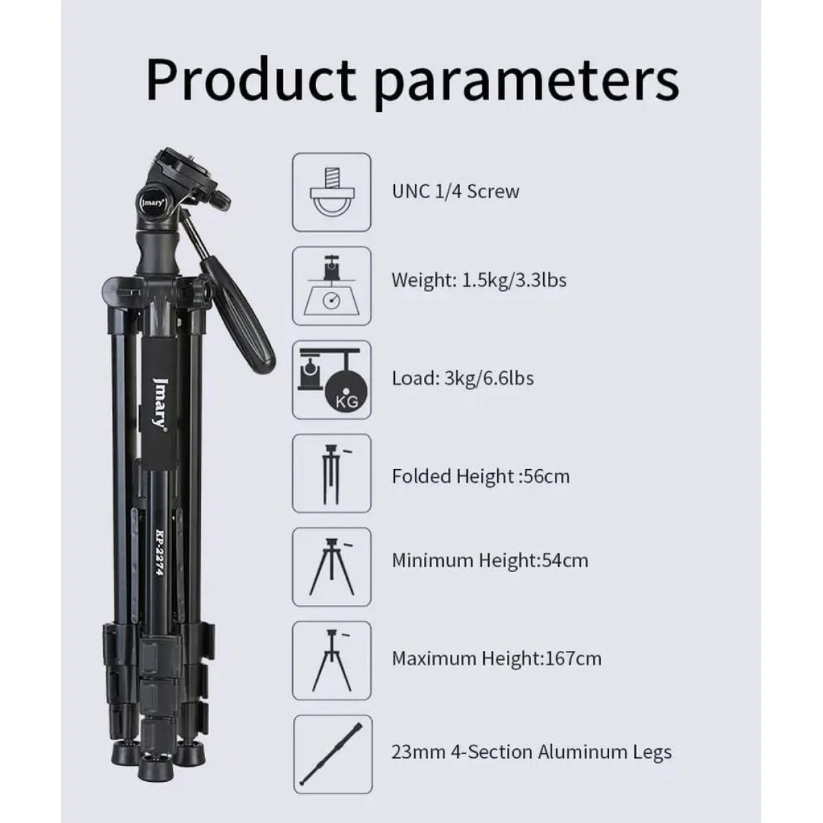 Jmary KP-2274 Professional Multi-Functional Tripod 1.67m Black - Thumbnail 6