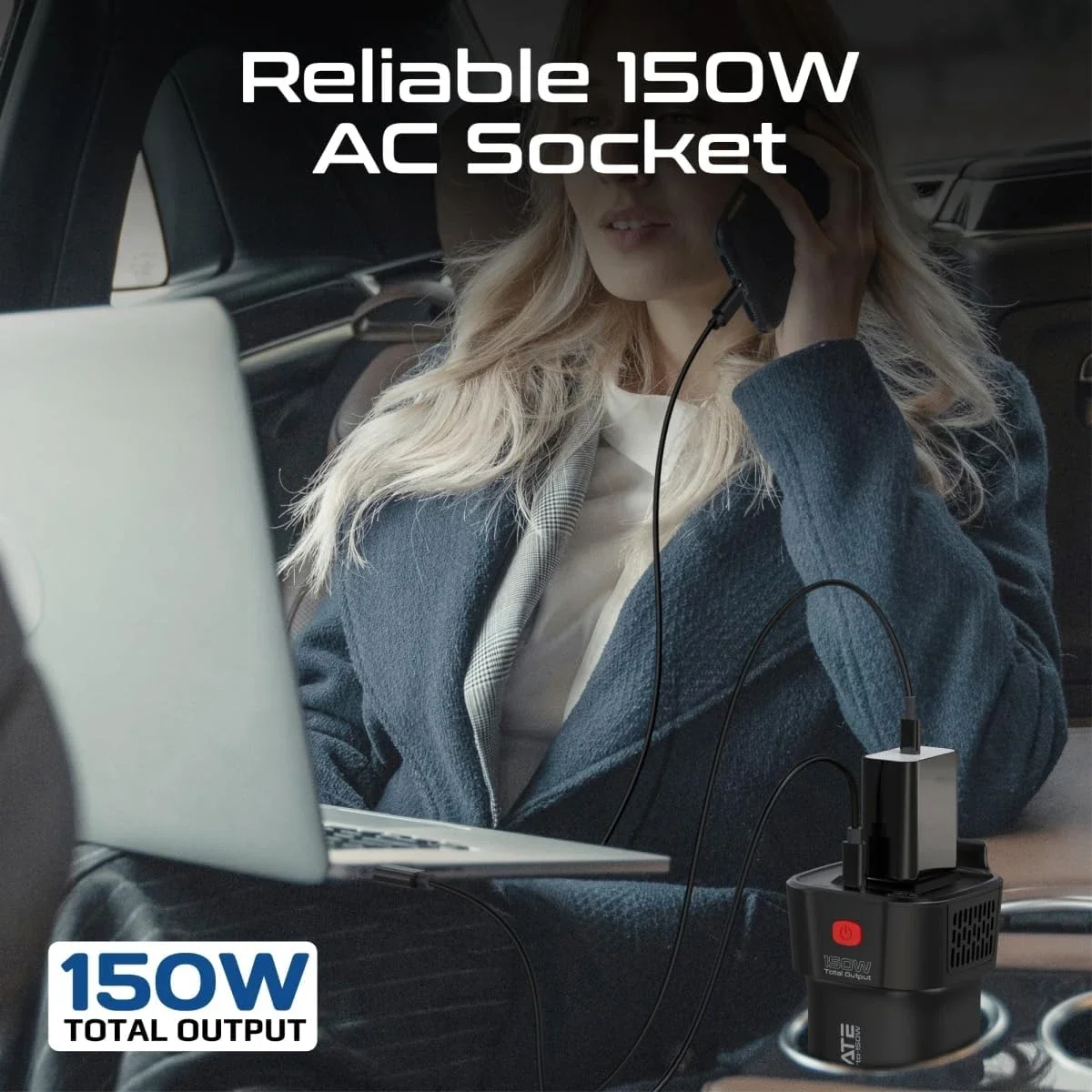 Promate Inverto-150W 4-in-1 Car Power Inverter with 150W AC Socket, Dual PD 30W USB-C & QC 18W USB-A - Black - Image 7