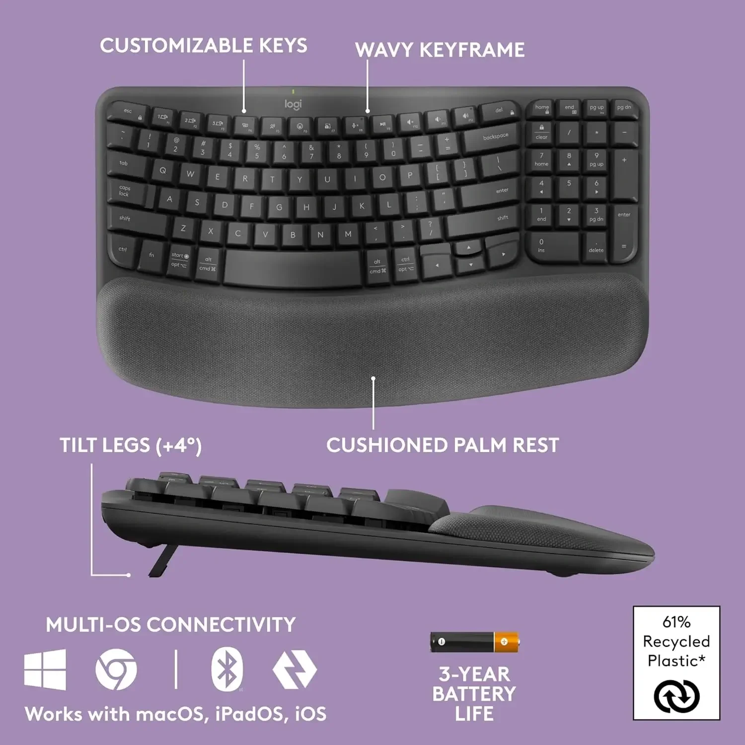 Logitech Wave Keys Wireless Ergonomic Keyboard - Image 2