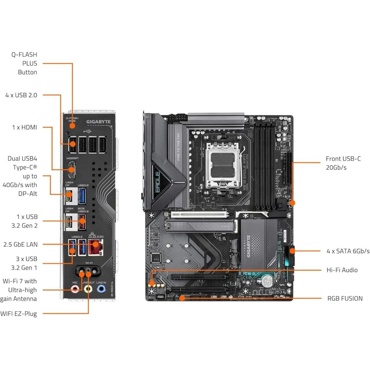 GIGABYTE X870 EAGLE WIFI 7 AM5 ATX Motherboard DDR5 3x M.2 - Thumbnail 4