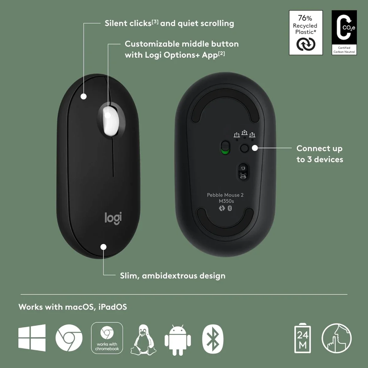Logitech M350s Pebble 2 Slim Bluetooth Mouse - Black - Thumbnail 6