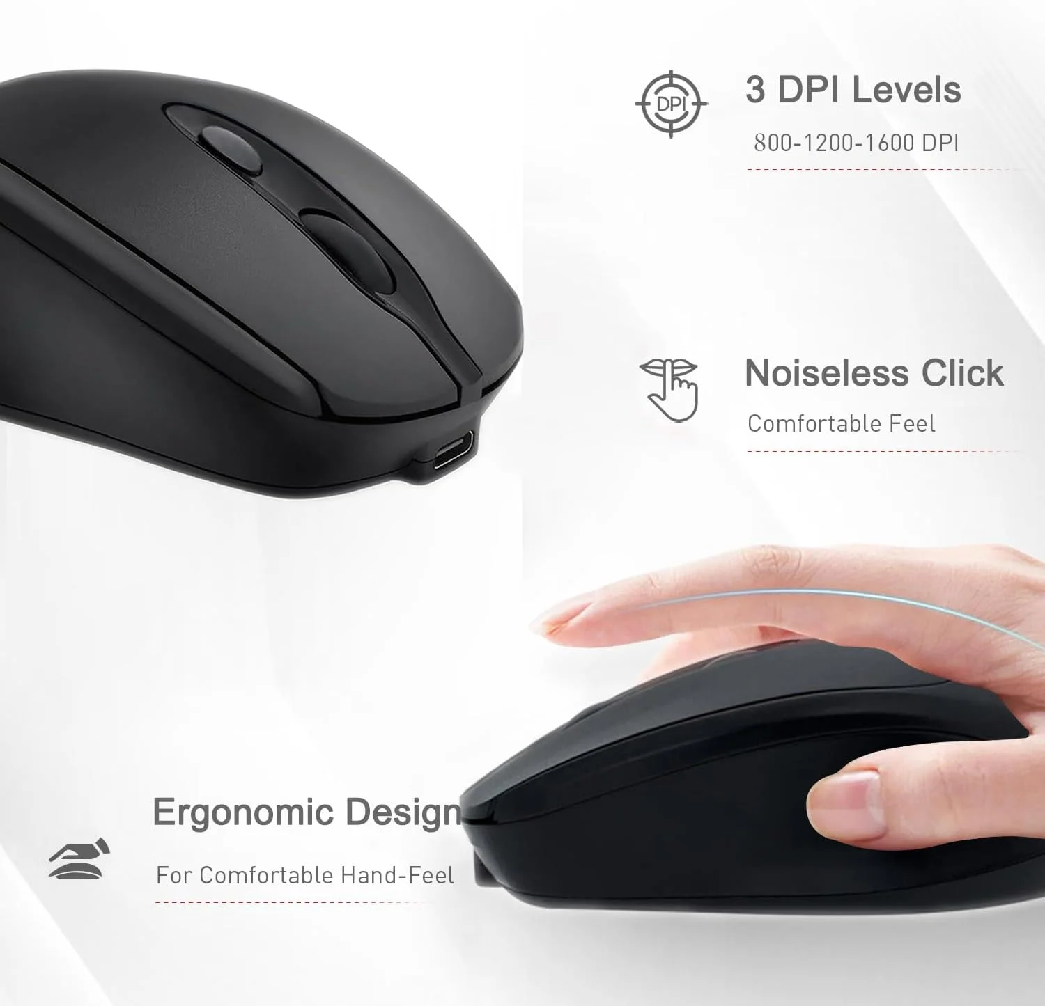 ماوس لاسلكي صامت قابل للشحن عبر USB-C – أسود - Image 2