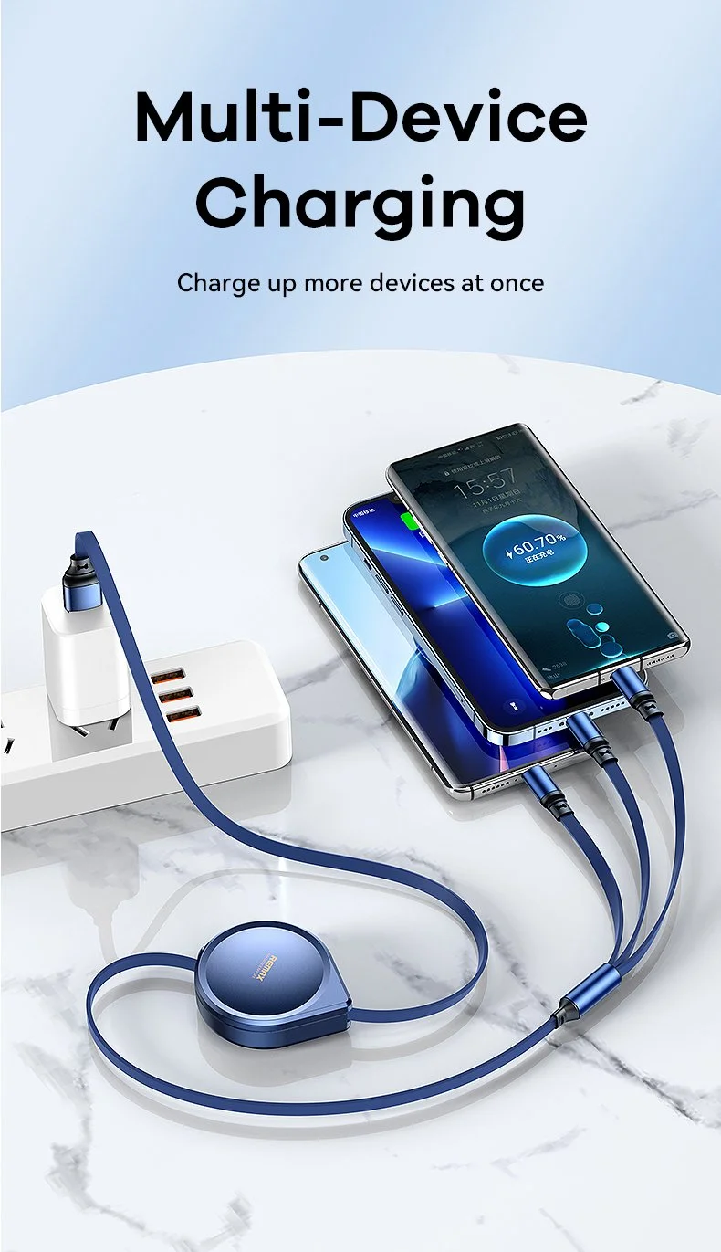 كيبل شحن سريع Remax Drip Series RC-C018 قابل للسحب 3 في 1 بقدرة 15 واط وطول 120 سم – USB إلى آيفون وType-C وMicro USB - Image 7