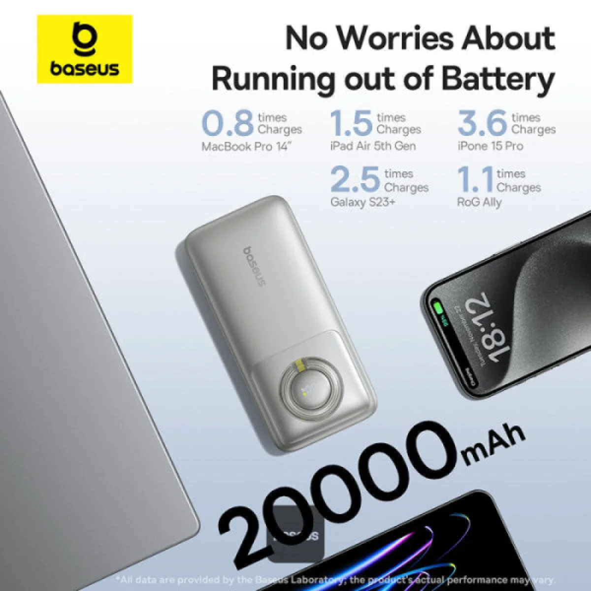 Baseus Free2Pull 20000mAh 65W Power Bank with Retractable USB-C Cable - Silver - Thumbnail 4