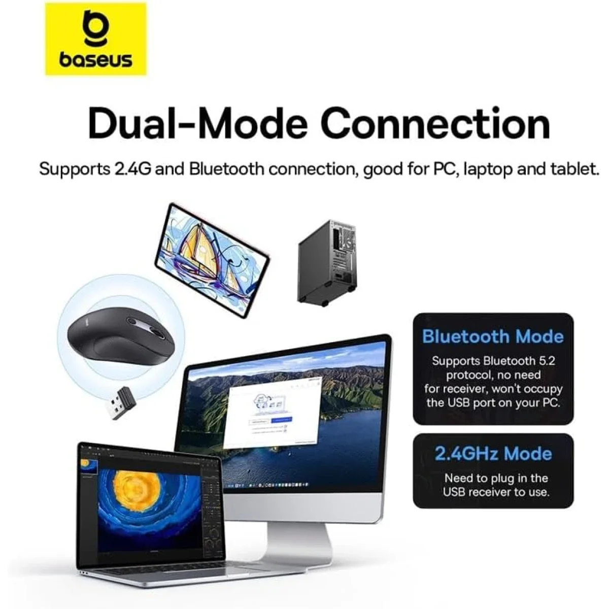 Baseus F02 Ergonomic Dual-Mode Wireless Mouse with Bluetooth 5.2, 2.4GHz and Silent Buttons - Black - Thumbnail 2