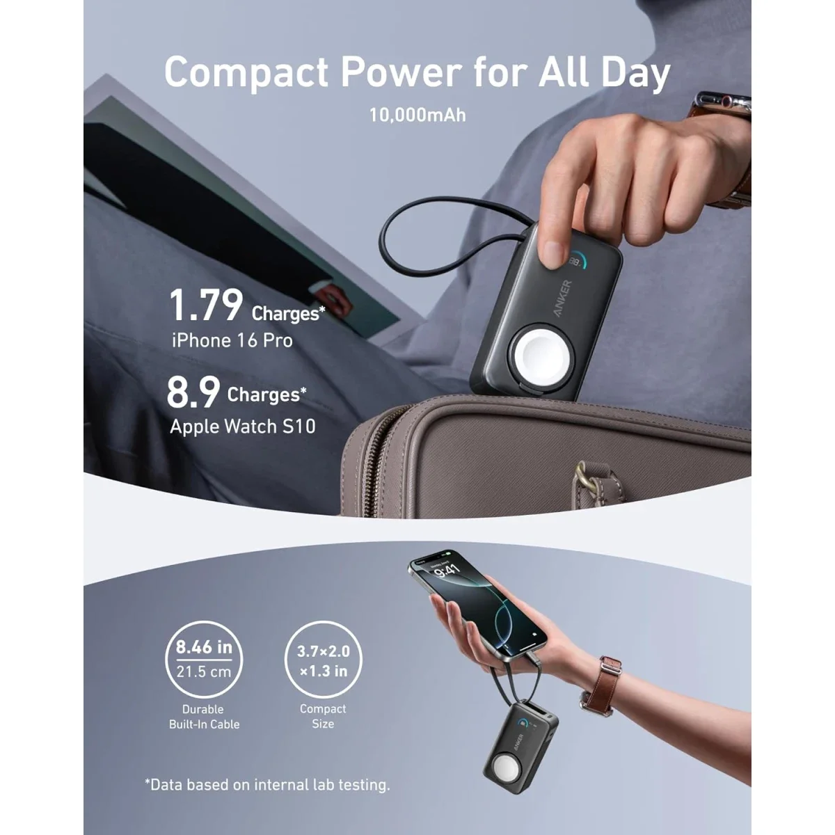 Anker MagGo Power Bank for Apple Watch 10000mAh with Built-in USB-C Cable 35W Black - Thumbnail 5