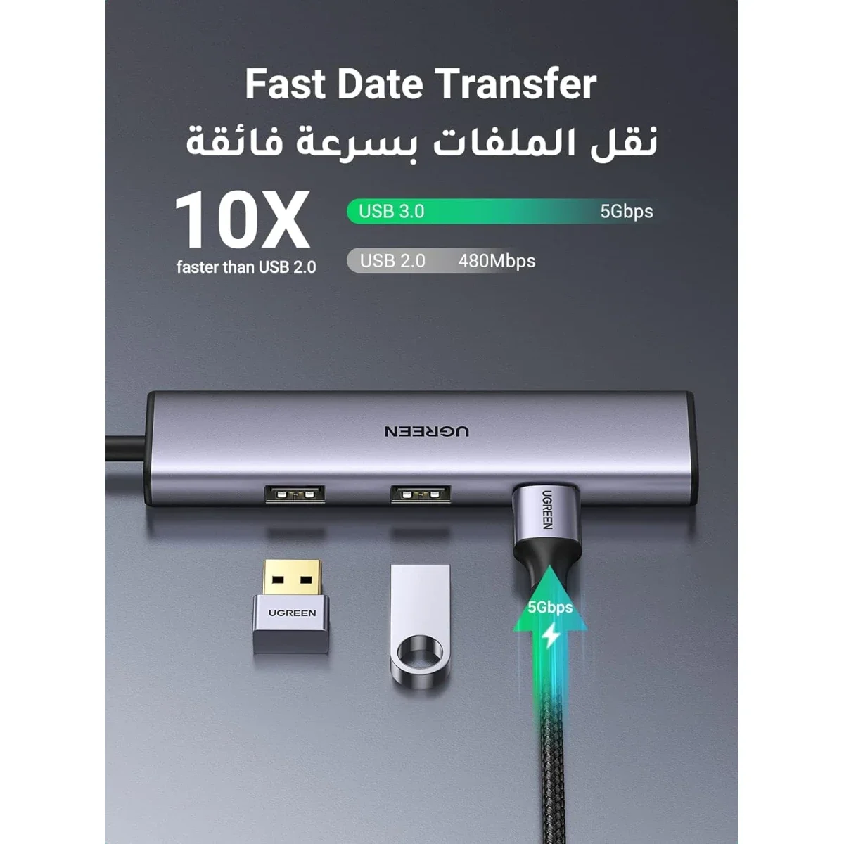 موزع USB-C من Ugreen 4 في 1 Type-C إلى 4 منافذ USB 3.0 بسرعة 5Gbps - Image 3