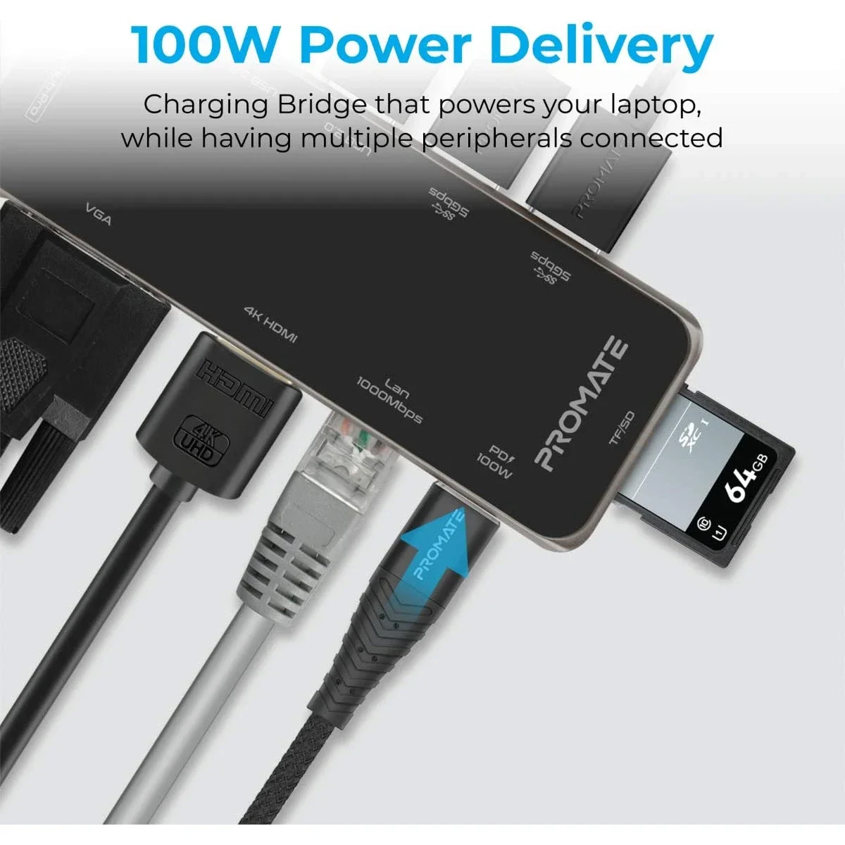 محول متعدد المنافذ USB-C من Promate PrimeHub-Pro 11 في 1 مع 100W PD و4K HDMI وVGA وRJ45 وAUX وSD/TF و4 USB - Thumbnail 4