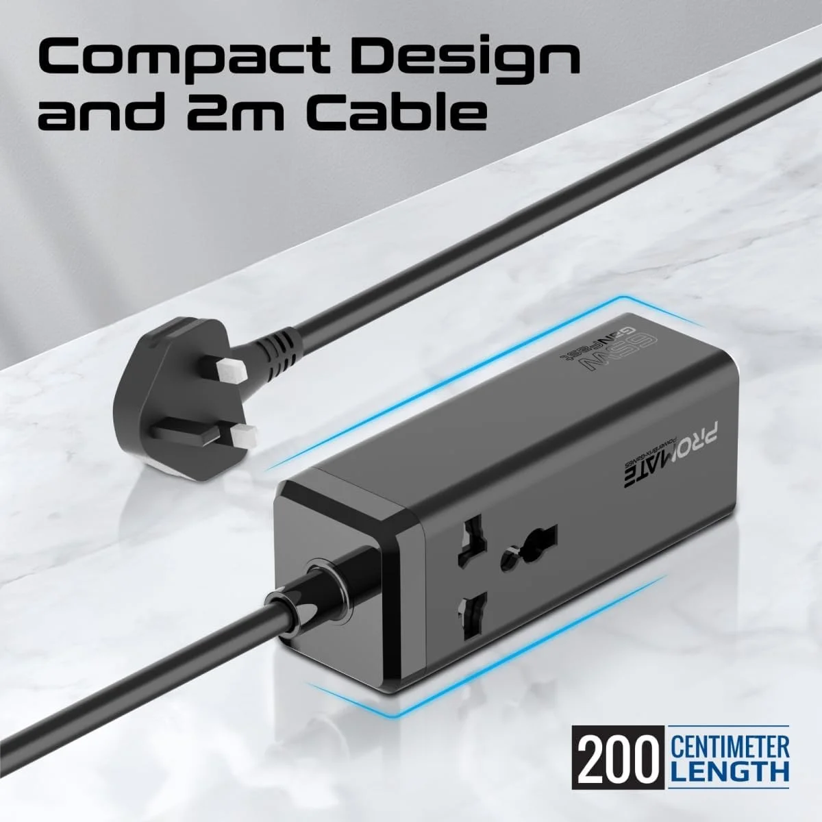 Promate PowerBrix-GaN65 65W GaNFast 5-in-1 Power Strip with 2500W AC Socket & 2m Cable - Thumbnail 7