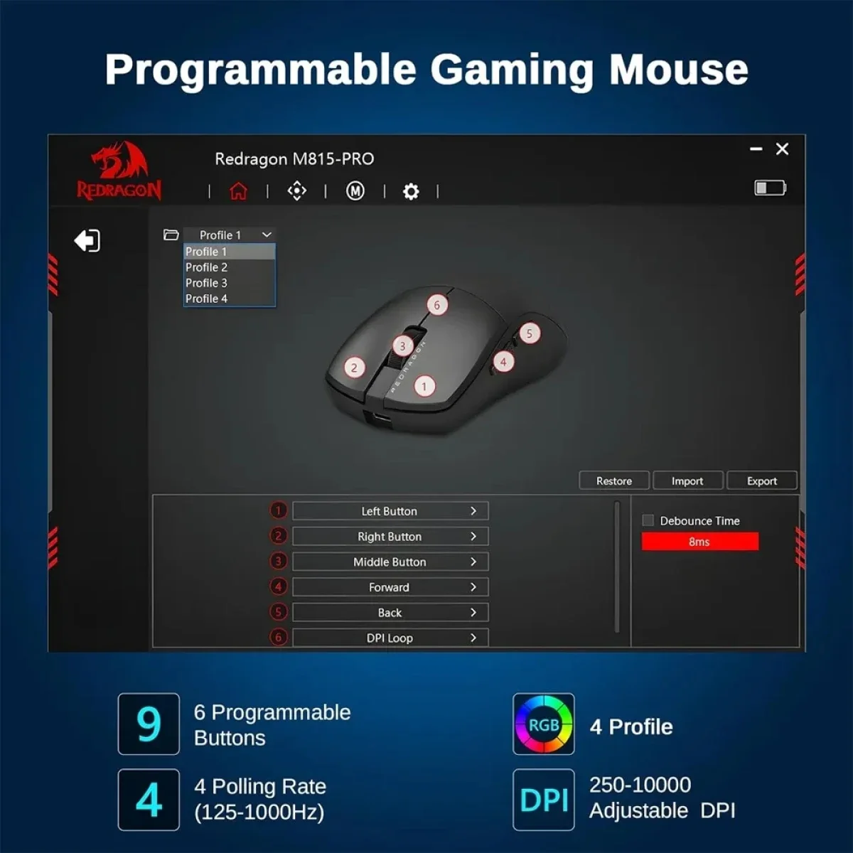 ماوس ألعاب لاسلكي خفيف ثلاثي الاتصال Redragon بدقة 26000 DPI أسود M815 NEVA Pro - Thumbnail 6
