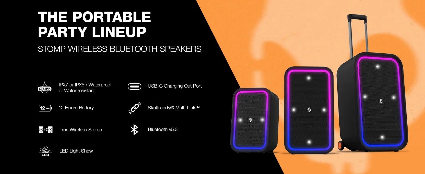 سماعة Skullcandy Stomp XL بلوتوث محمولة مقاومة للماء IPX5 ببطارية 12 ساعة، أسود - Thumbnail 7