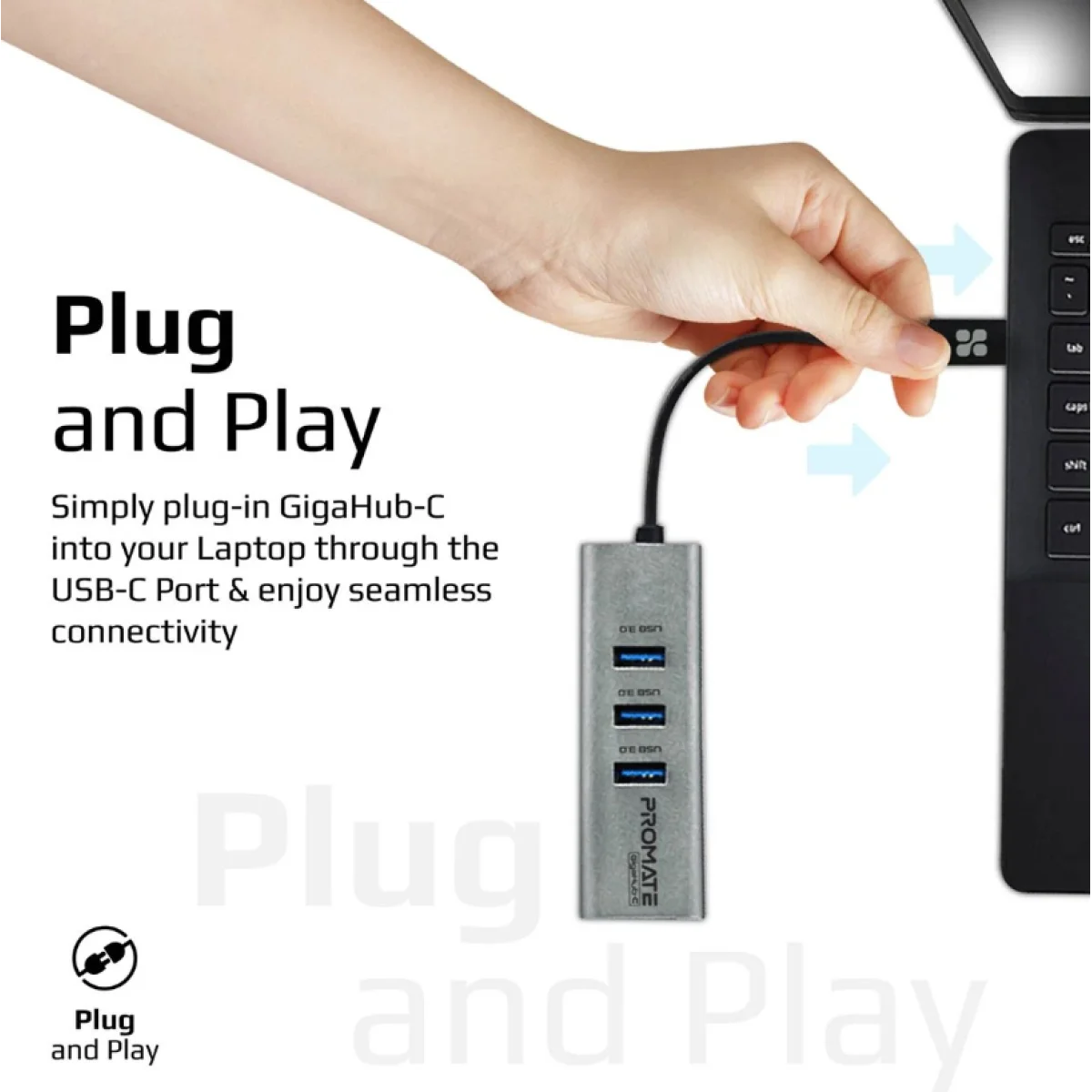 محول هب متعدد المنافذ Promate GigaHub-C USB-C مع إيثرنت 1000Mbps و3 منافذ USB 3.0 وسرعة 5Gbps - Thumbnail 4