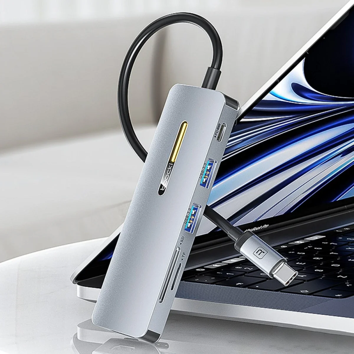 TOOCKI 6-in-1 USB-C Hub with 4K HDMI, USB 3.0, PD 100W, SD/TF Card Reader - Grey - Thumbnail 2