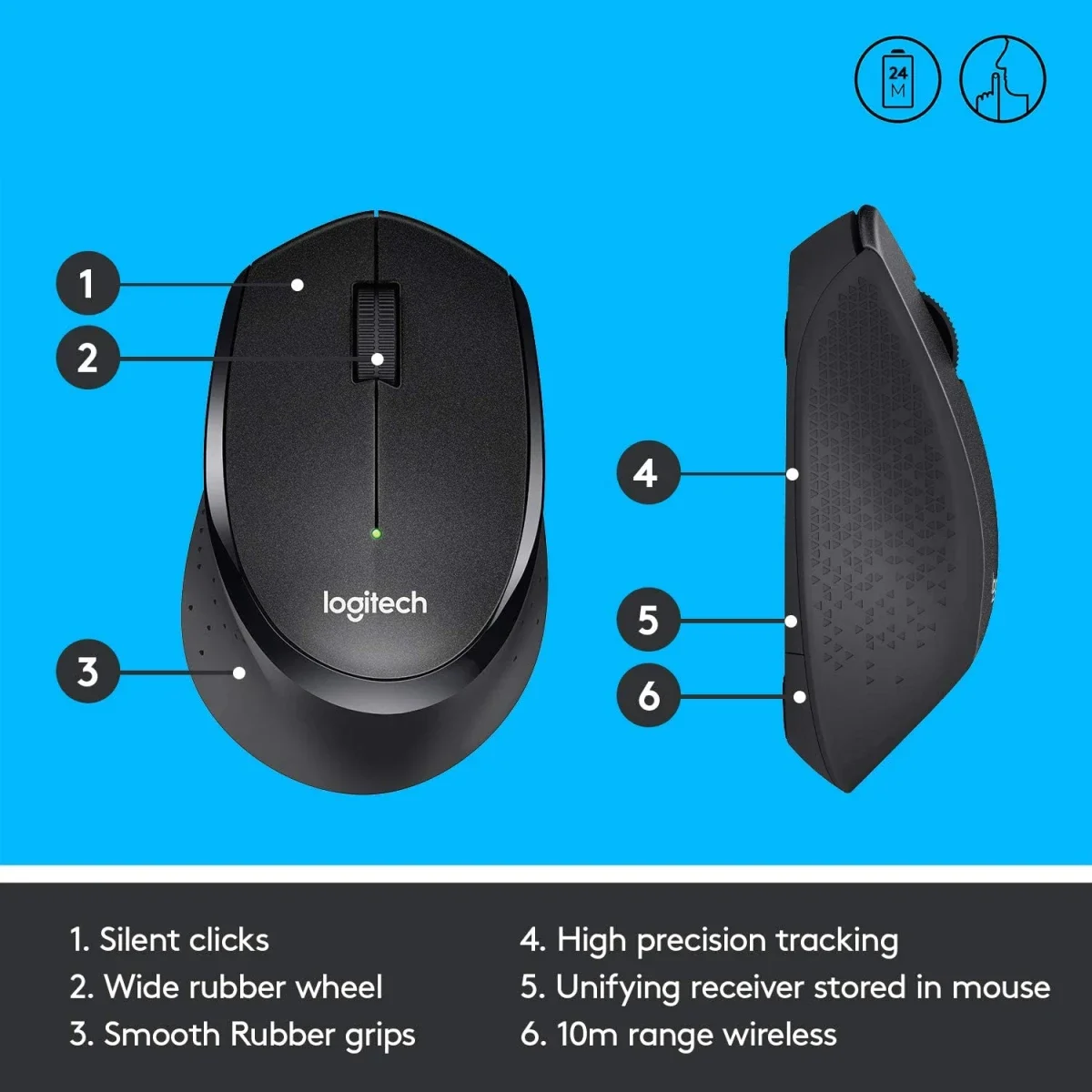 Logitech M330 Silent Plus Wireless Mouse, 1000 DPI, Black - Thumbnail 5