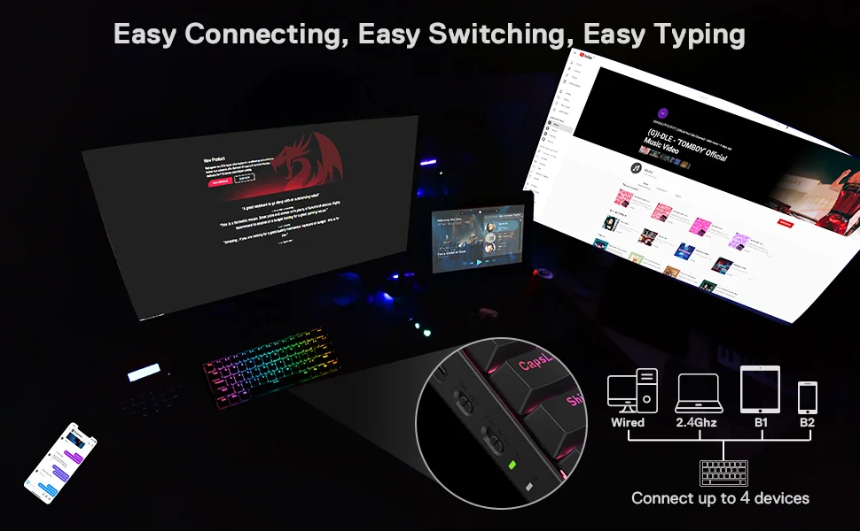 Redragon K530 Pro Draconic 60% Wireless RGB Mechanical Gaming Keyboard, 61 Keys, Brown Switches, Black - Thumbnail 10