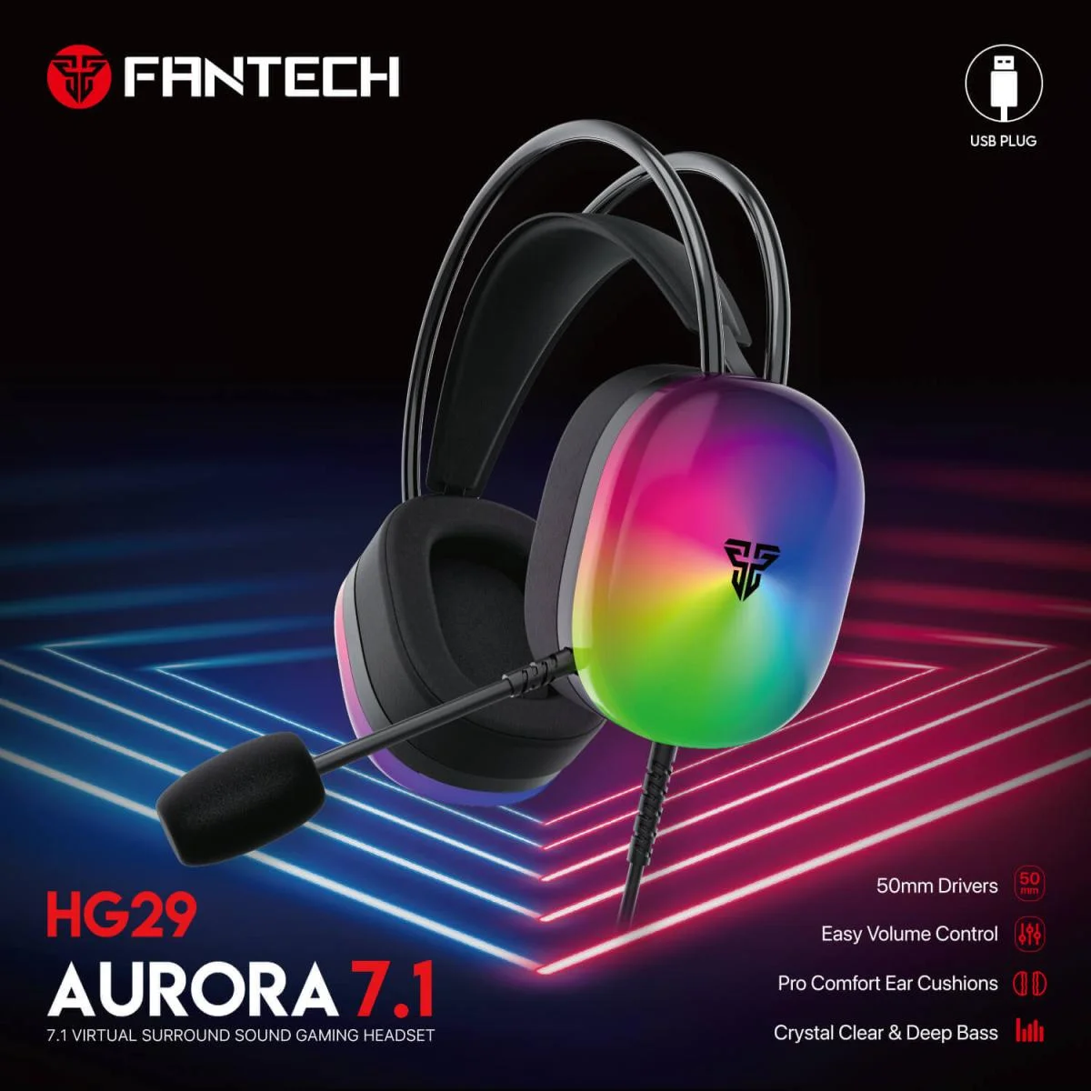 Fantech AURORA HG29 RGB 7.1 Wired USB Gaming Headset with Omnidirectional Mic - Image 2