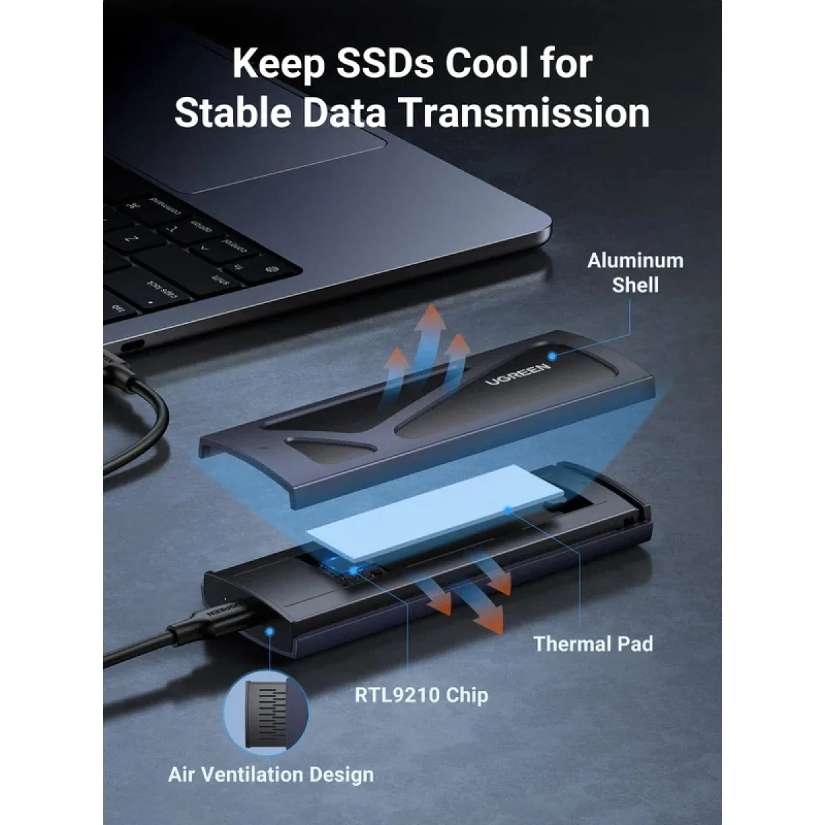 حافظة Ugreen لأقراص M.2 NVMe SSD بمنفذ USB-C بسرعة 10Gbps من الألومنيوم بدون أدوات - Thumbnail 4