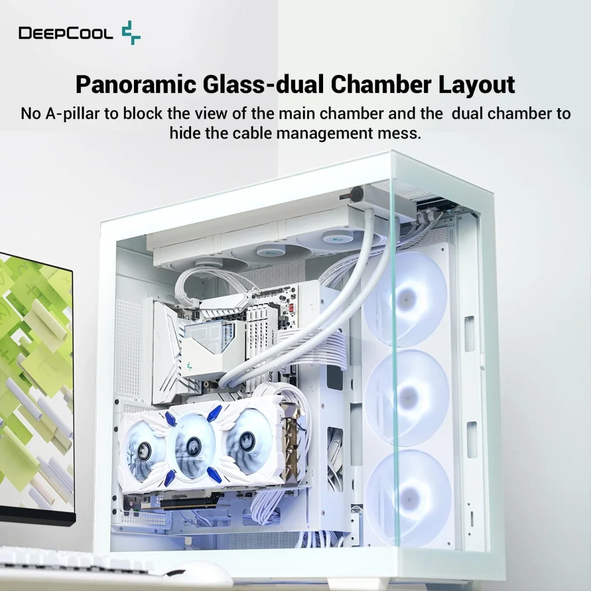 DeepCool CH780 Panoramic Dual-Chamber Full Tower Case with Tempered Glass, Vertical GPU Mount, Gen 4 Riser Cable & 3x 140mm ARGB Fans - White - Image 2