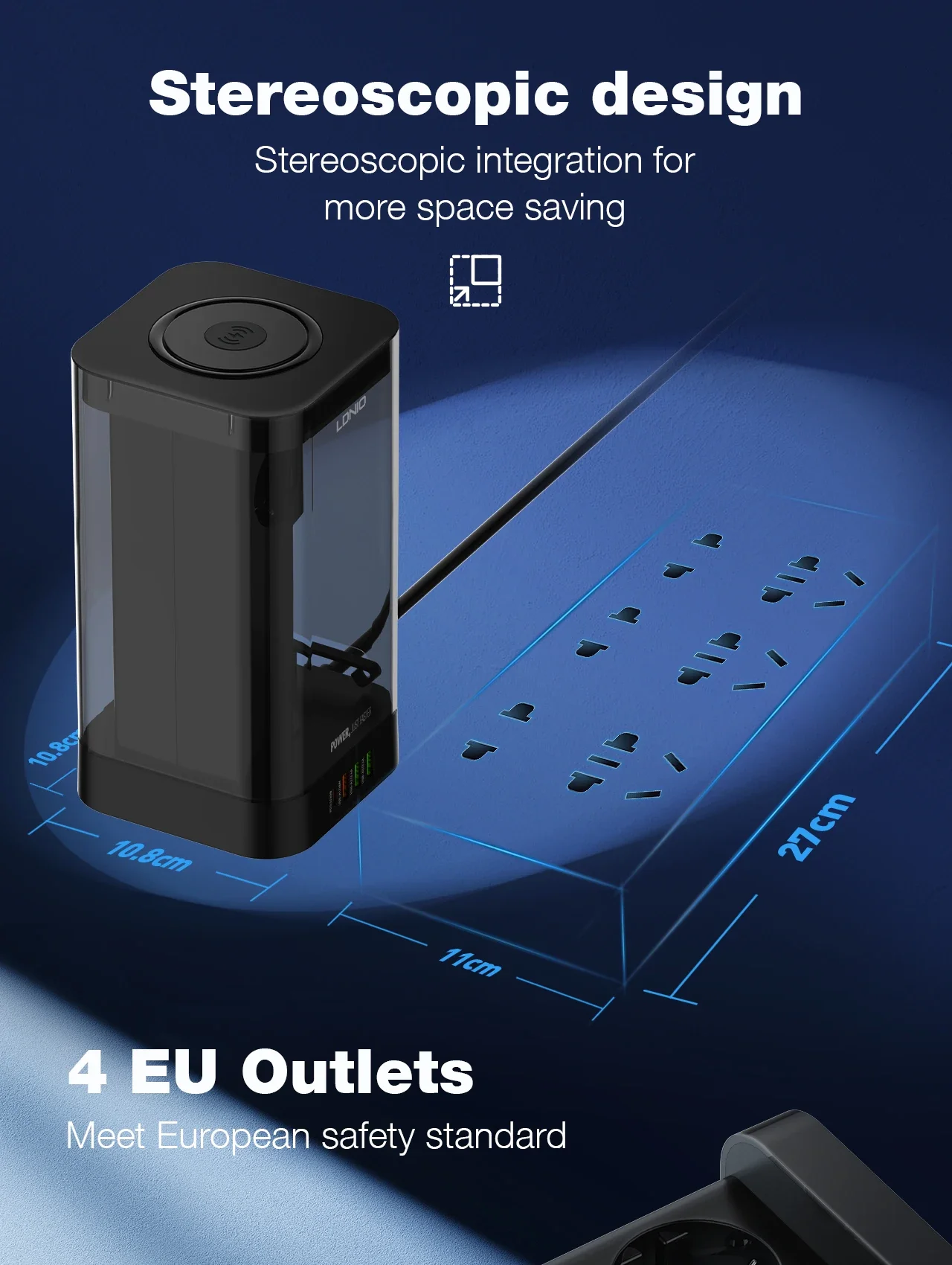 LDNIO SEW4485 2500W Tower Power Strip with 4 EU Sockets, 4 USB Ports & 15W Wireless Charger - Thumbnail 9