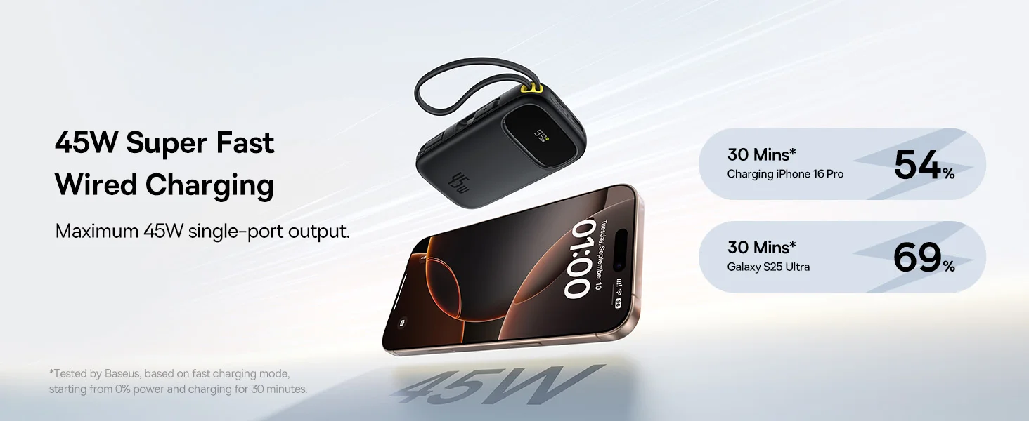 باور بانك Baseus Qpow3 بسعة 20000mAh وقدرة 45W مع كابل USB-C مدمج، أسود - Thumbnail 11