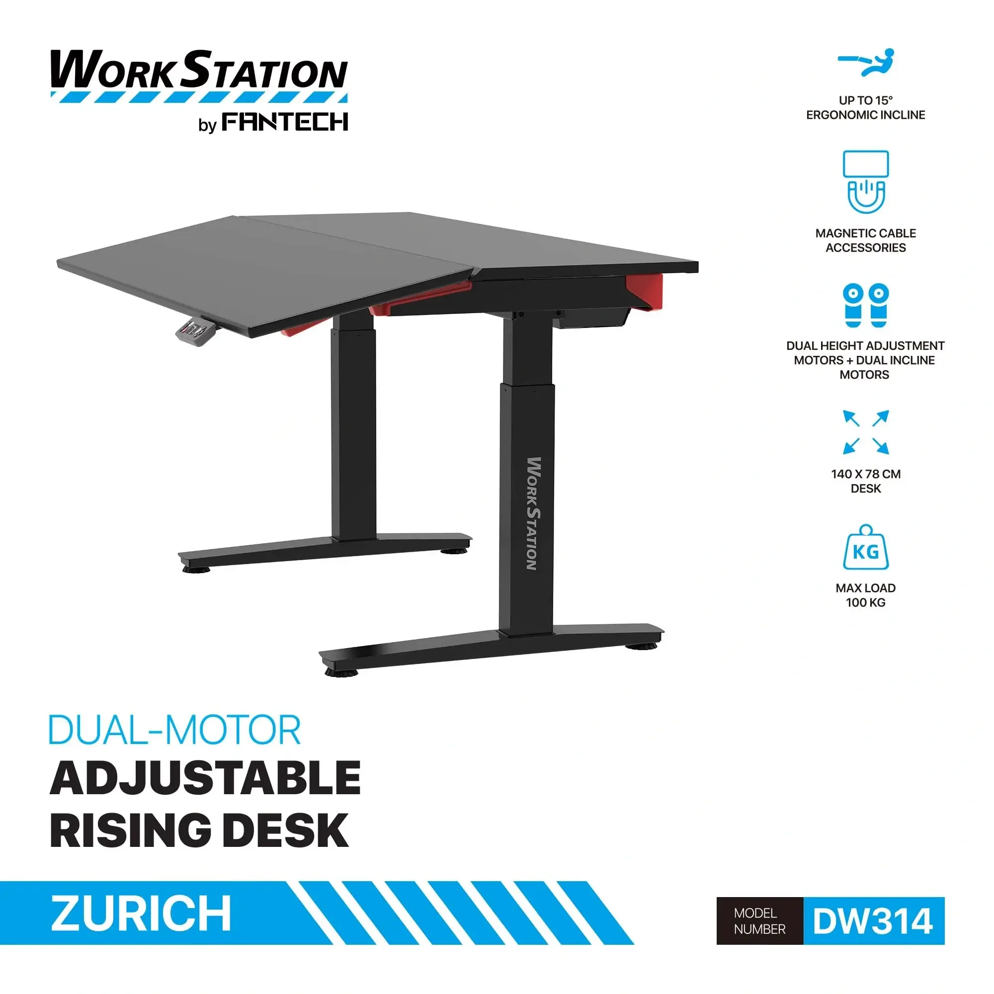Fantech DW314 Workstation Zurich Electric Sit-Stand Tilt Height Adjustable Magnetic Gaming Desk - Image 2