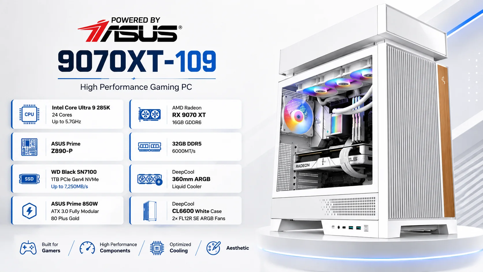 كمبيوتر ألعاب Asus 9070XT-109 بمعالج Core Ultra 9 285K وكرت Radeon RX 9070 XT 16GB وذاكرة 32GB DDR5 وتخزين 1TB NVMe - Thumbnail 2