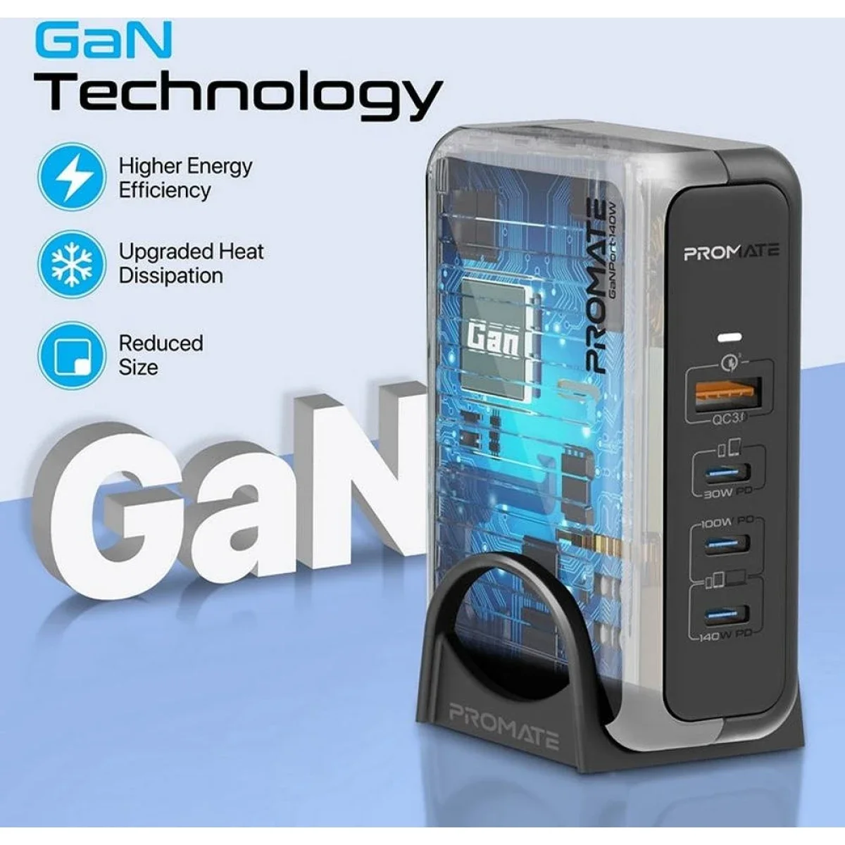 Promate GaNPort-140W 140W GaNFast Charging Station with PD 3.1 & QC 3.0 - Black - Thumbnail 8
