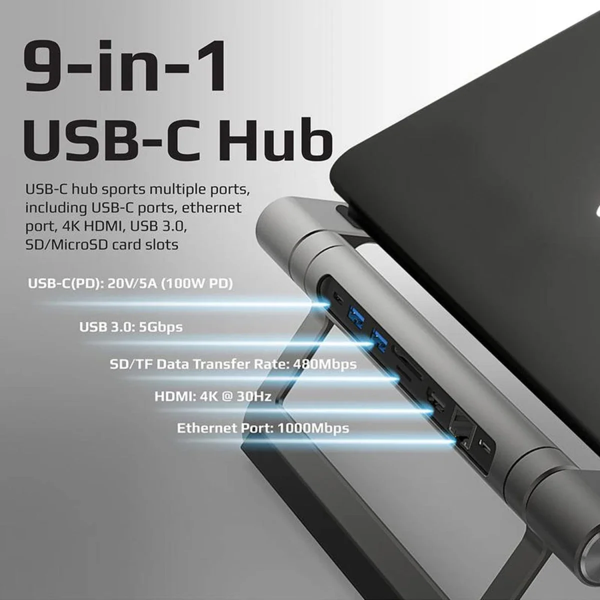 Promate PrimeBase-C Aluminum Laptop Stand with 9-in-1 USB-C Hub, 100W PD, 4K HDMI, Ethernet - Image 2