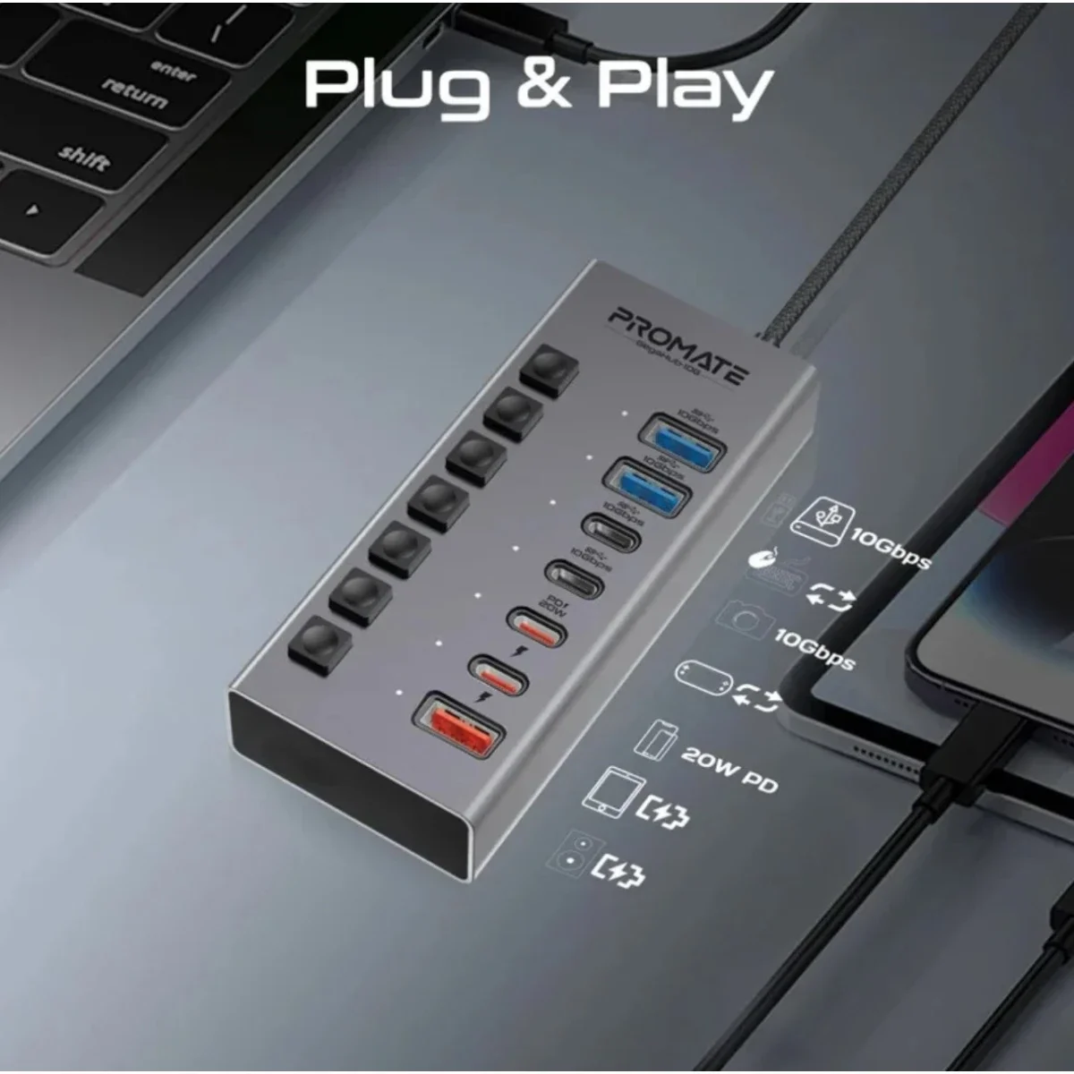 موزع منافذ USB-C متعدد 7 في 1 Promate GegaHub-10G بسرعة نقل 10Gbps و20W PD - Thumbnail 3