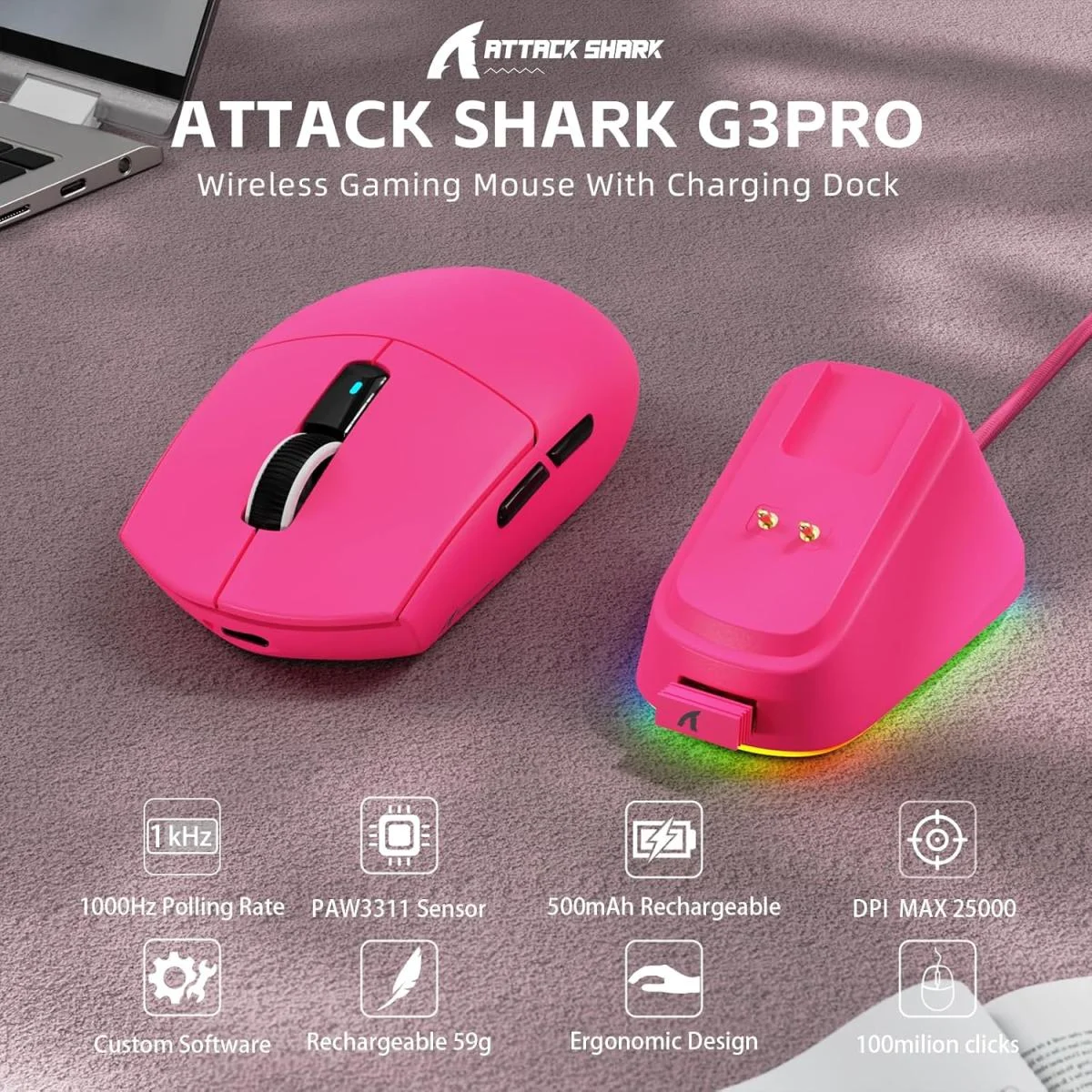 ماوس ألعاب لاسلكي ATTACK SHARK G3PRO مع قاعدة شحن RGB ودقة 25K DPI، أحمر - Image 3