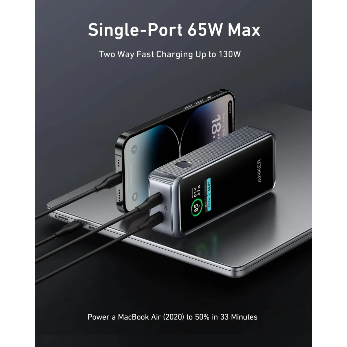 باور بانك Anker 723 Prime بسعة 12,000mAh وقدرة 130W مع USB-C بقدرة 65W - Thumbnail 3