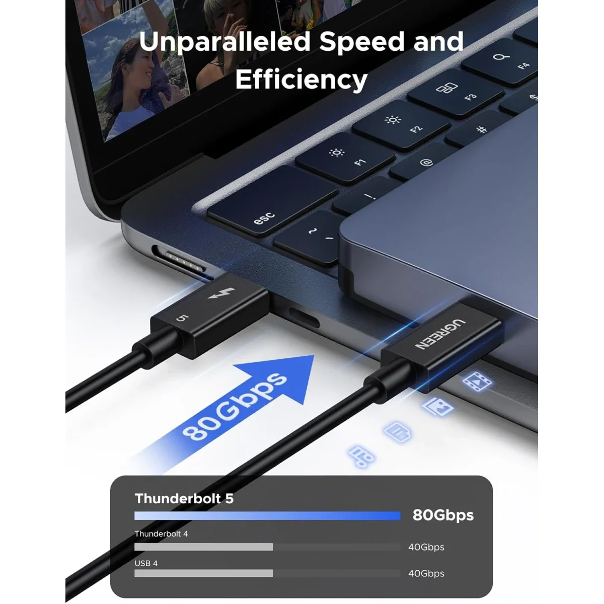 Ugreen Thunderbolt 5 USB-C Cable 240W 80Gbps 1M Black - Image 6