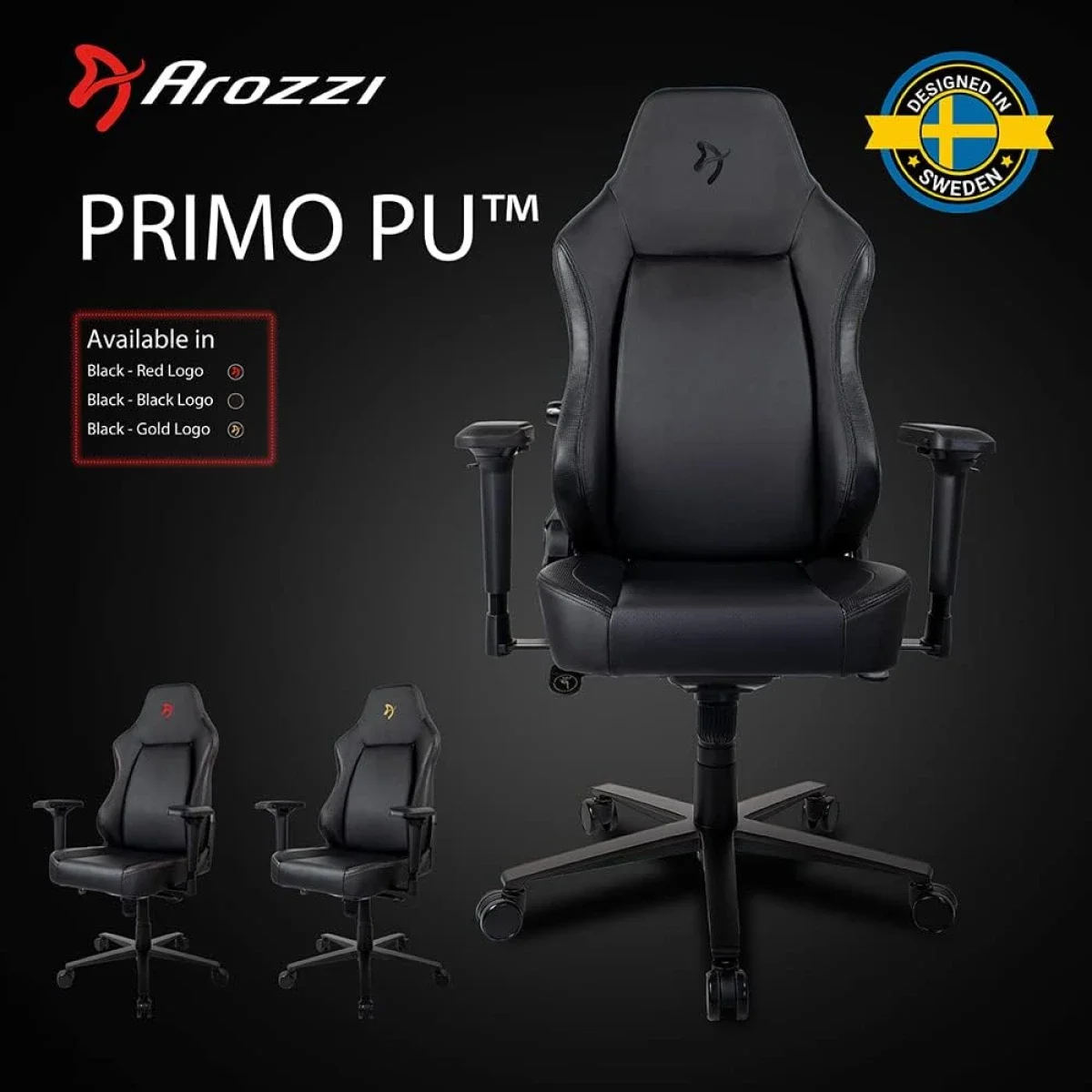 كرسي ألعاب Arozzi Primo من جلد PU الفاخر أسود بلمسات ذهبية - Thumbnail 2