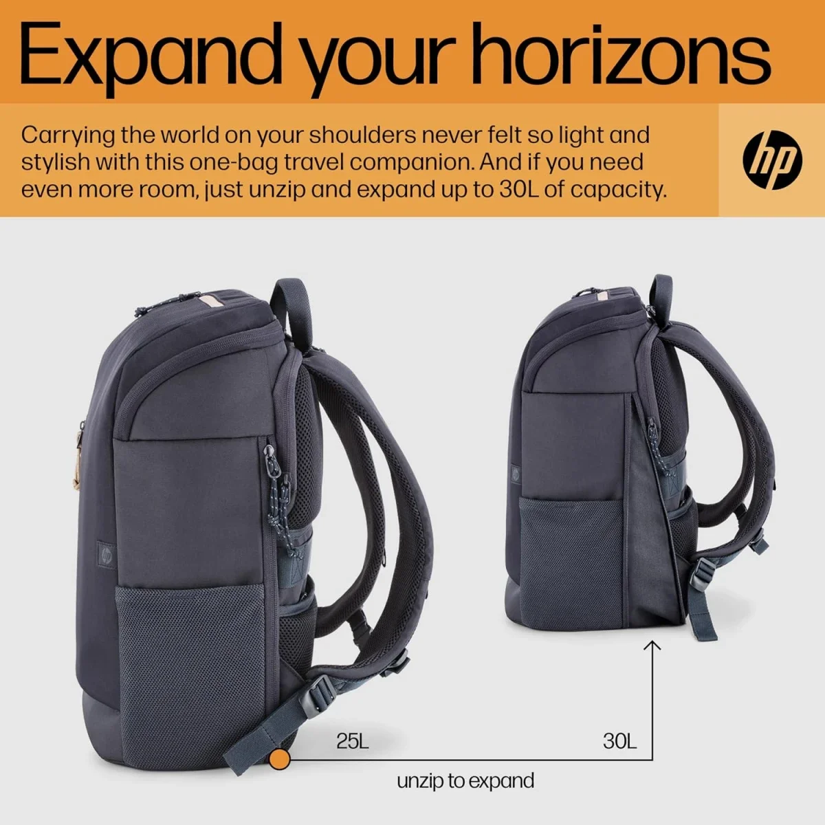 HP Travel 25L Expandable 15.6-Inch Laptop Backpack, Iron Gray - Image 2