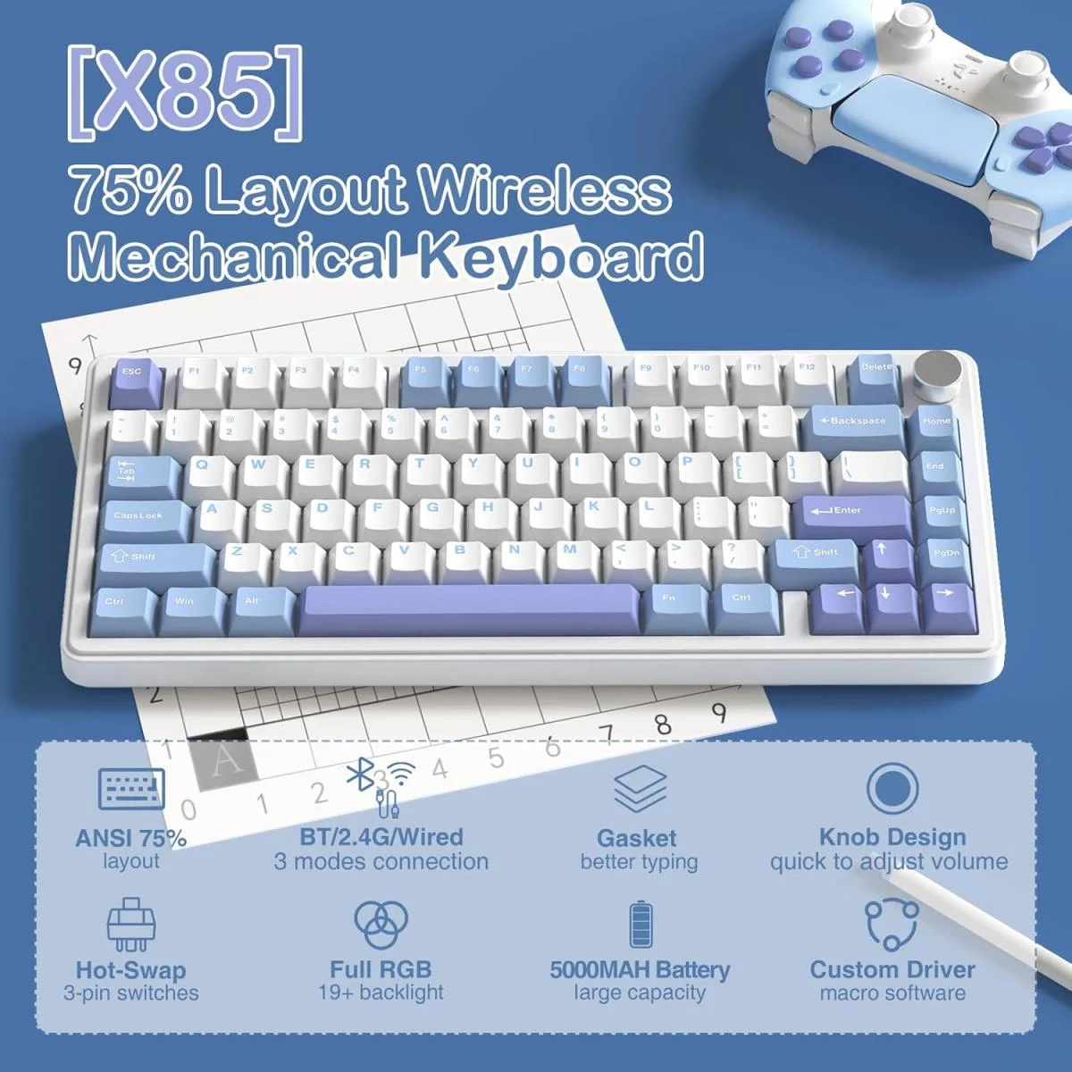 لوحة مفاتيح ألعاب ميكانيكية ATTACK SHARK X85 لاسلكية بنسبة 75% بمقبض، أبيض/بنفسجي، مفاتيح White Jade خطية - Image 3