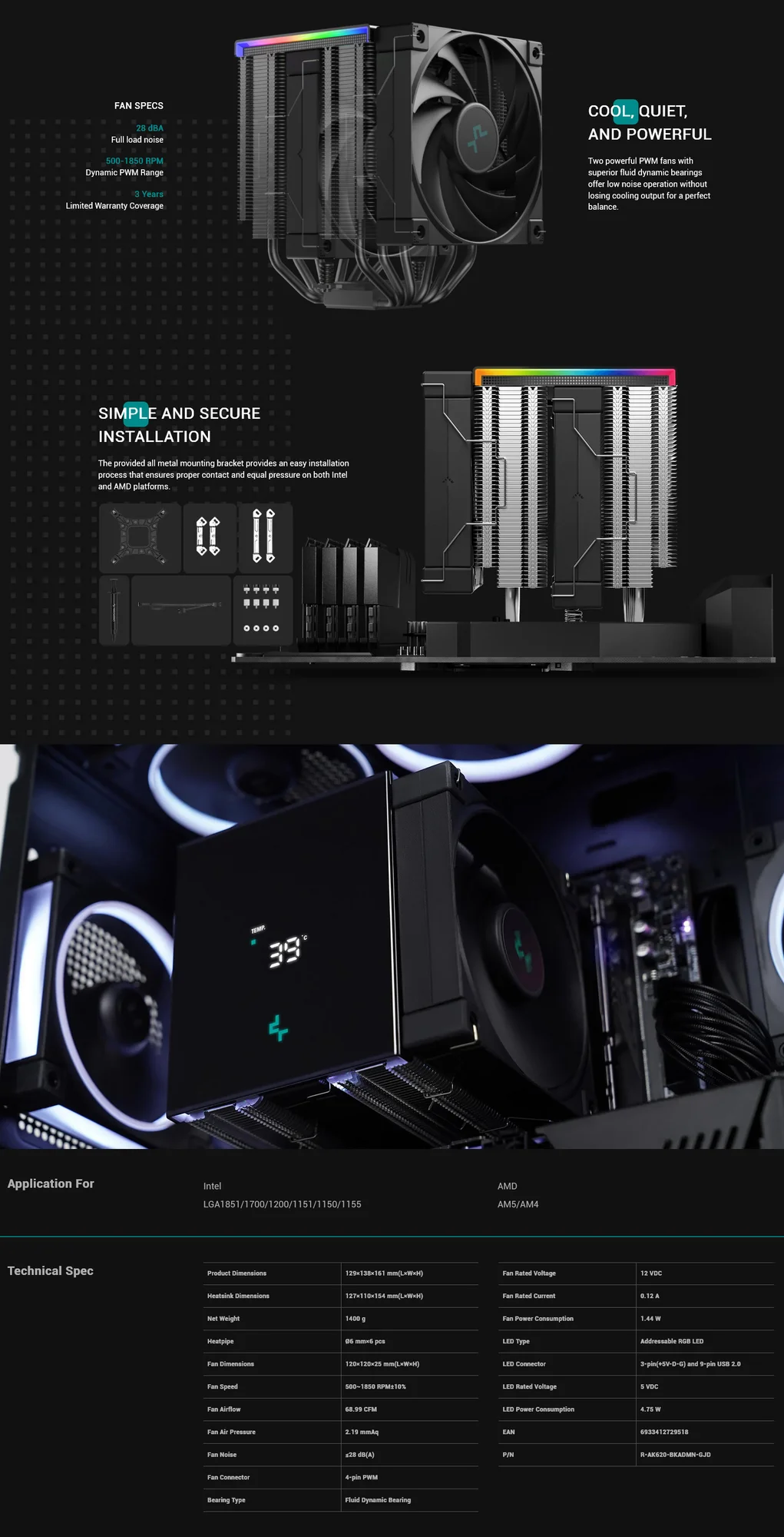 مبرد هوائي للمعالج DeepCool AK620 Digital SE باللون الأسود - Image 9