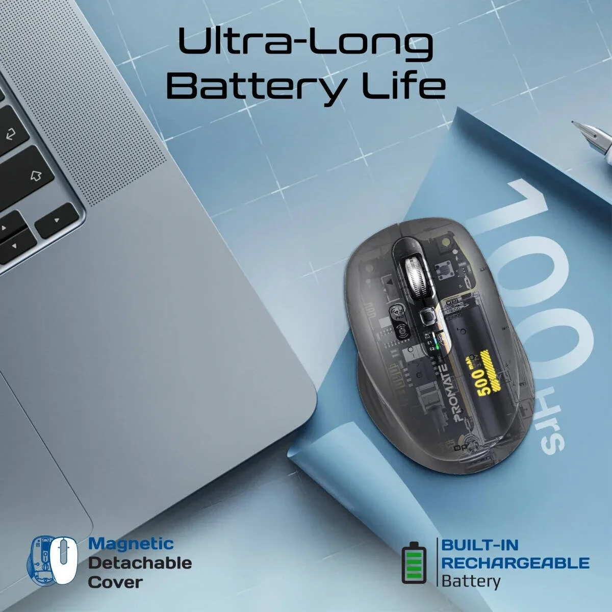 Promate SamoTri Tri-Mode Wireless Mouse, Bluetooth 5.0, 2.4GHz, 3200 DPI, Black - Thumbnail 7