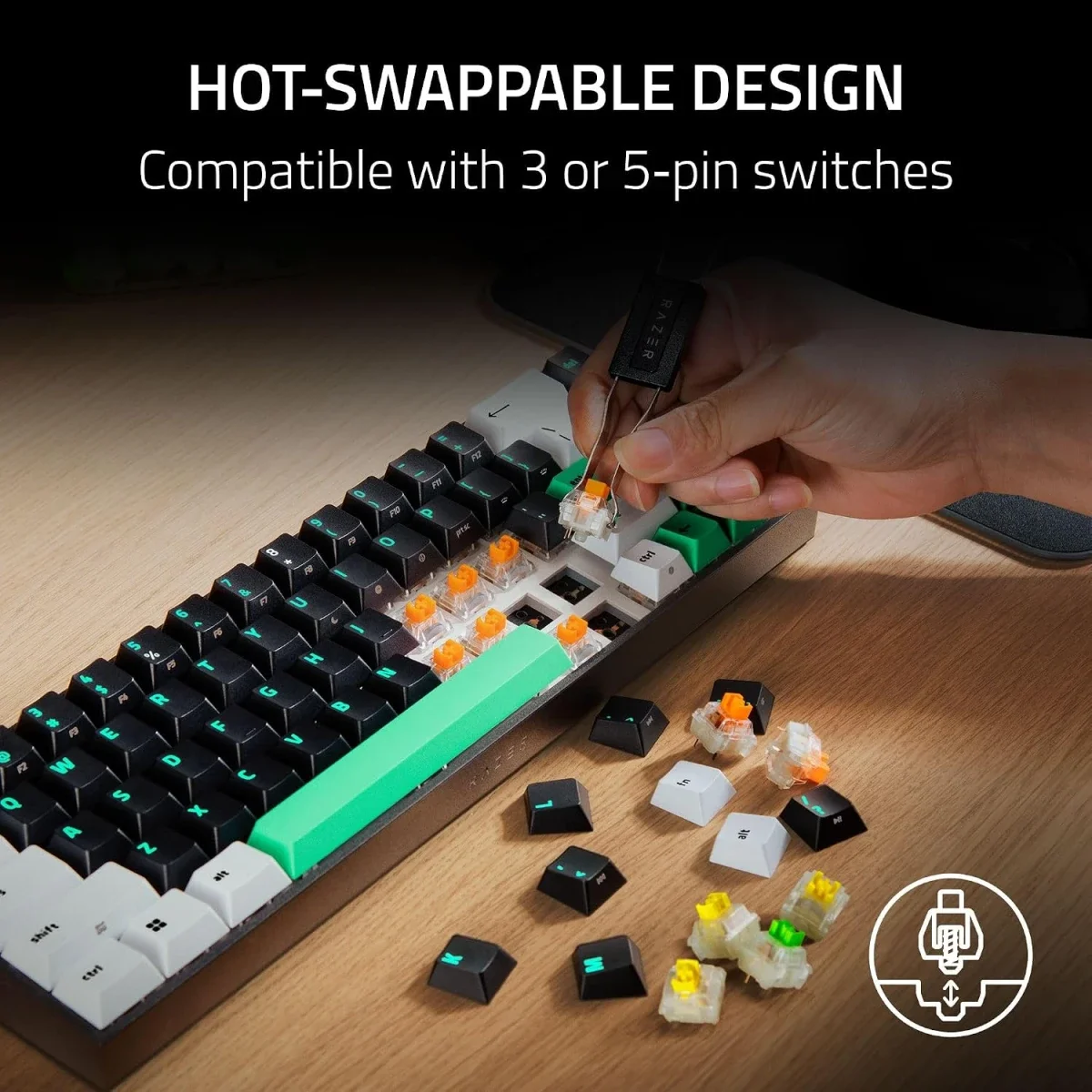 Razer Reclusa X Mini 65% Hot-Swappable Mechanical Keyboard, 3 & 5-Pin Support, Orange Tactile Gen-3 Switches, Chroma RGB, Doubleshot ABS Keycaps, Sound Dampening - Image 9